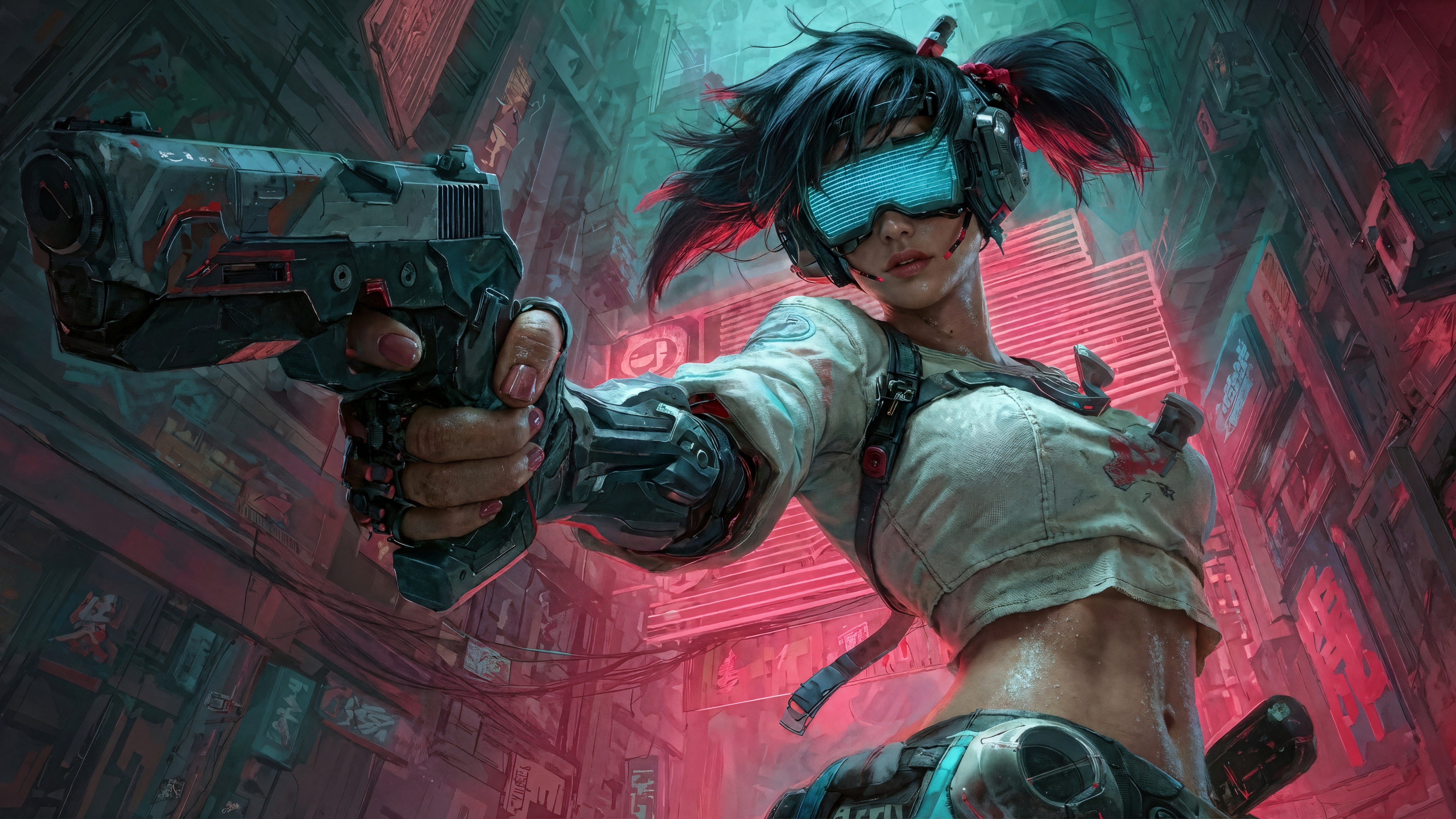 Cyberpunk warrior with a gun in a neon city HD Wallpaper