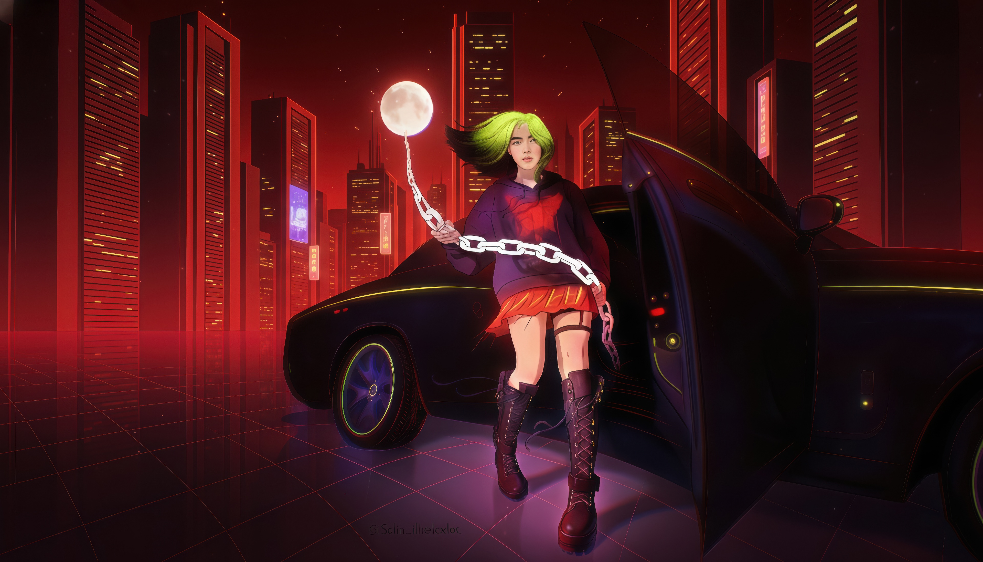 Billie Eilish with a chain and moon in a retro-futuristic city HD Wallpaper
