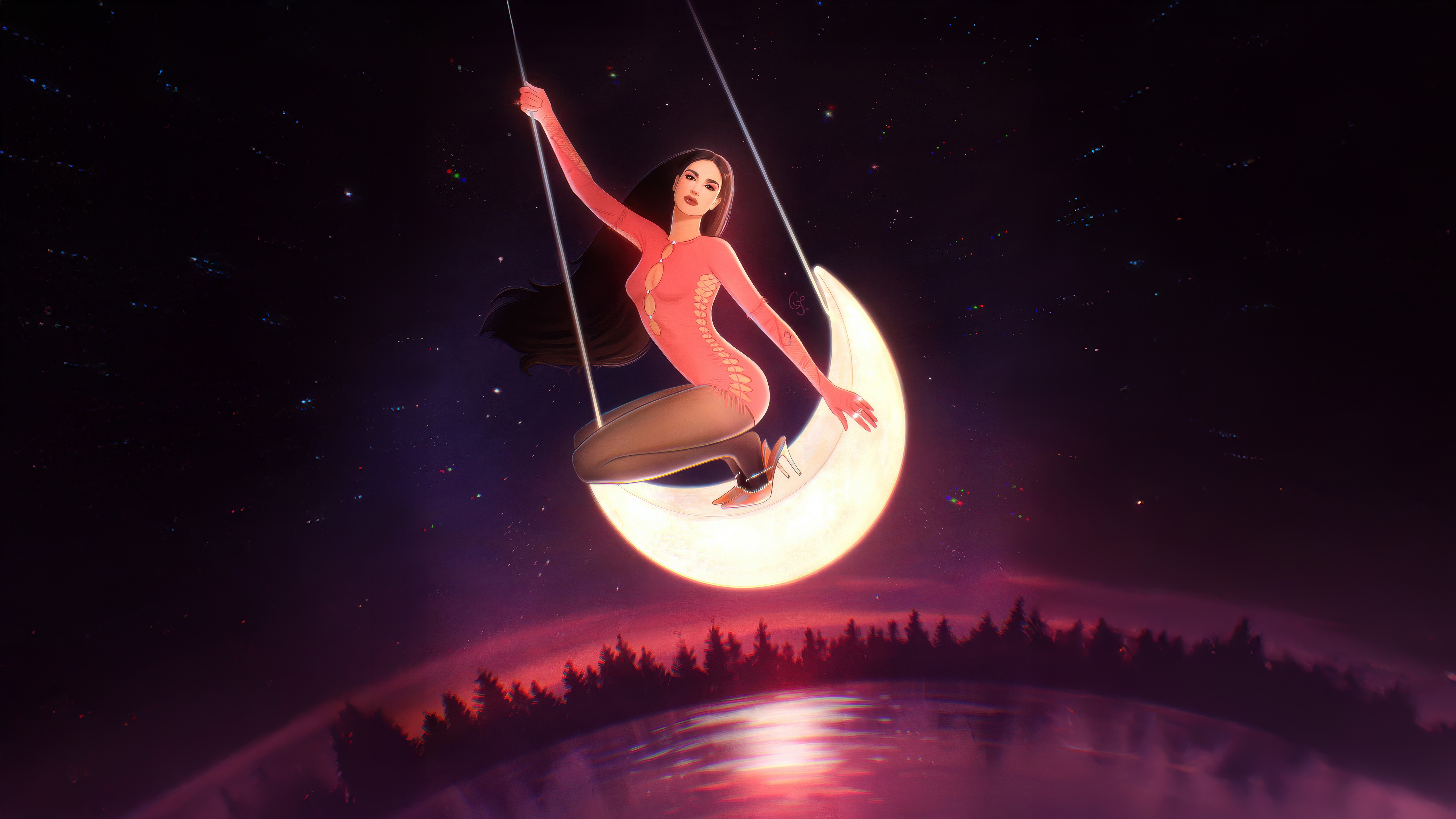 Girl on a glowing moon swing in starry night HD Wallpaper