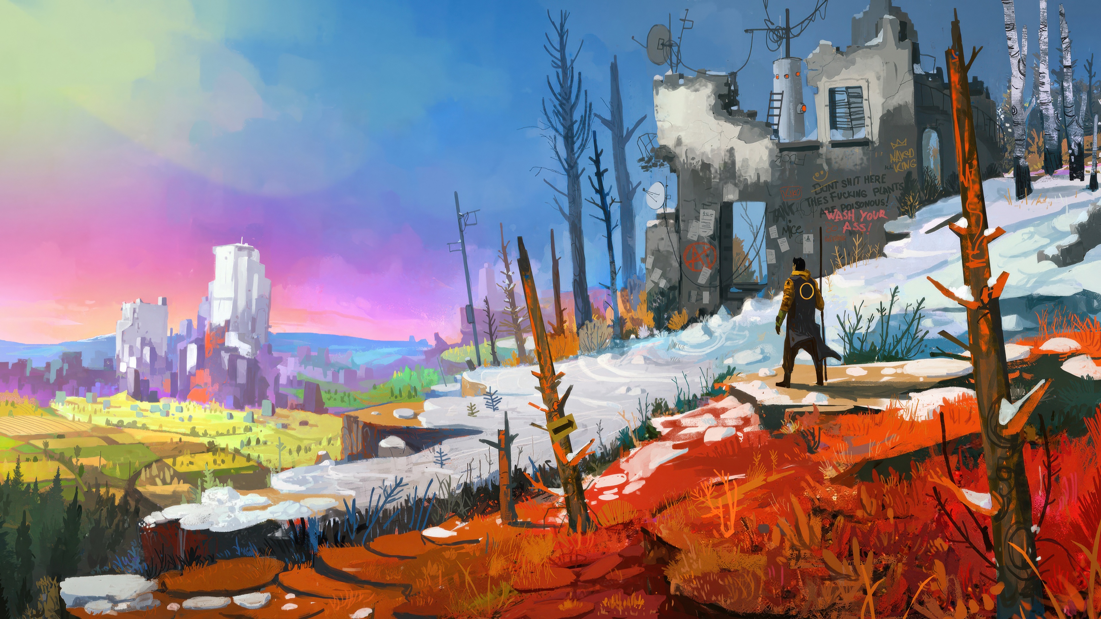 Survivor walks through a desolate wasteland towards a ruined city HD Wallpaper