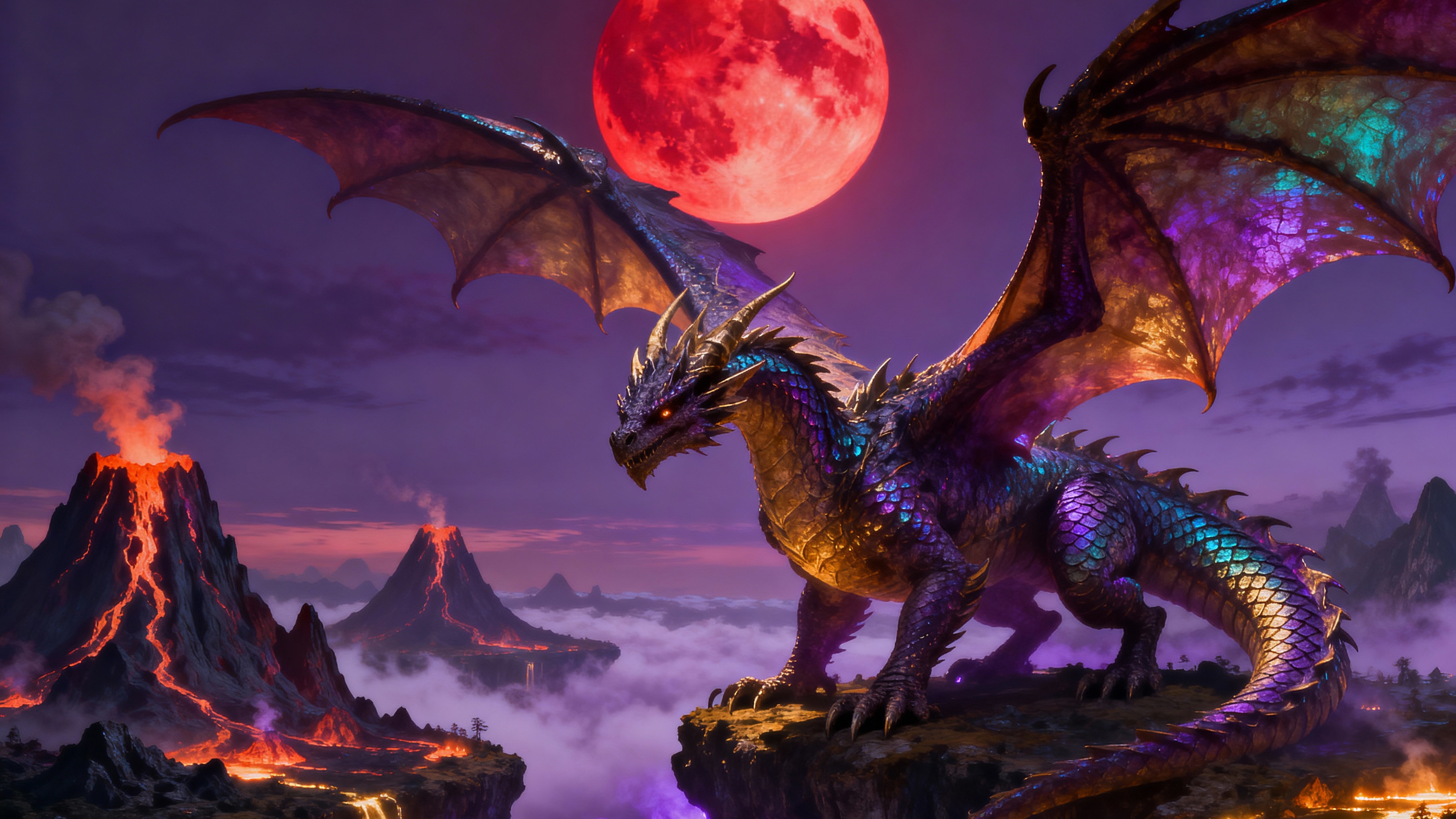 Dragon With Red Moon And Volcanoes HD Wallpaper