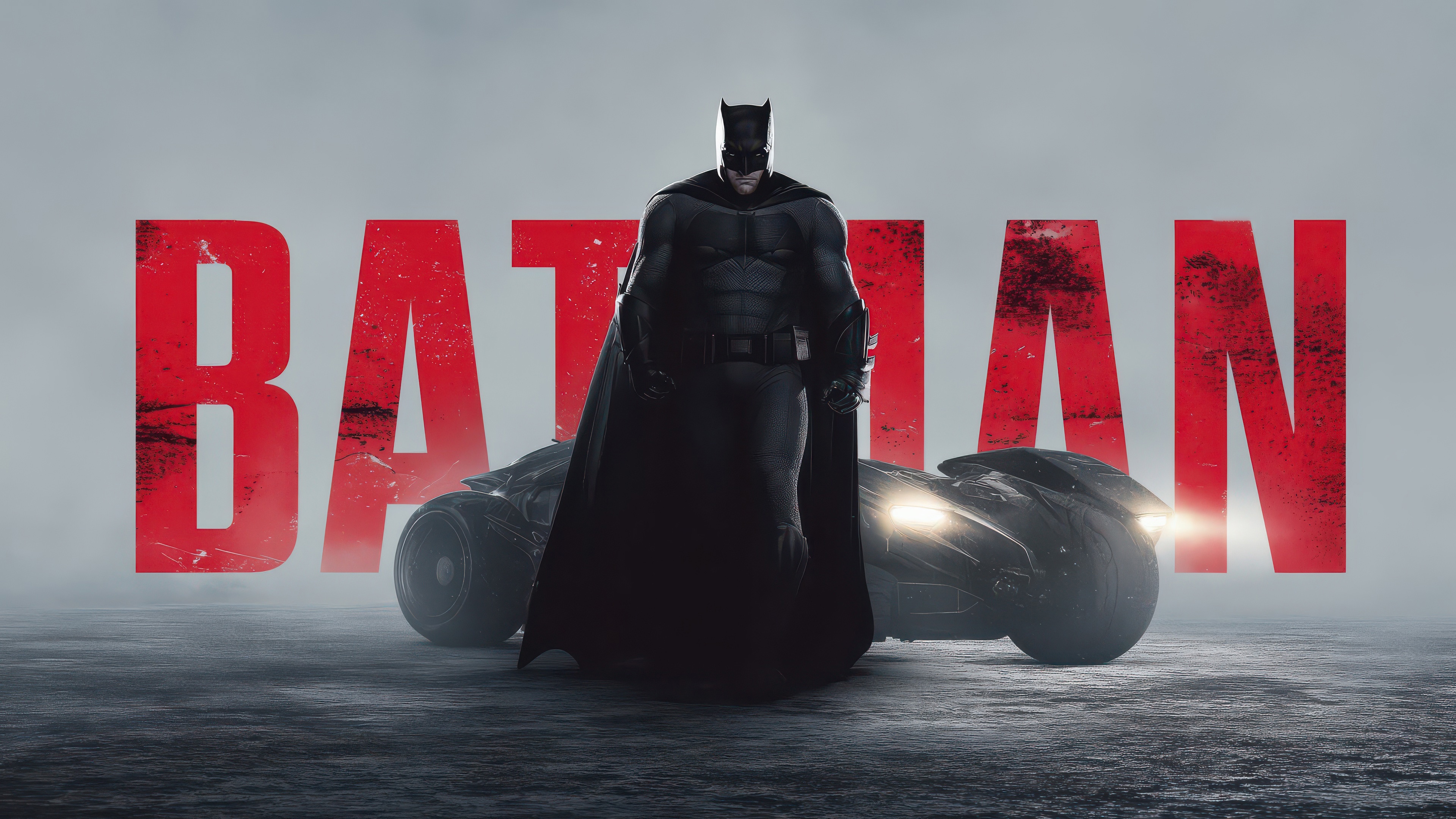 Batman and Batmobile with Red "BATMAN" Text HD Wallpaper