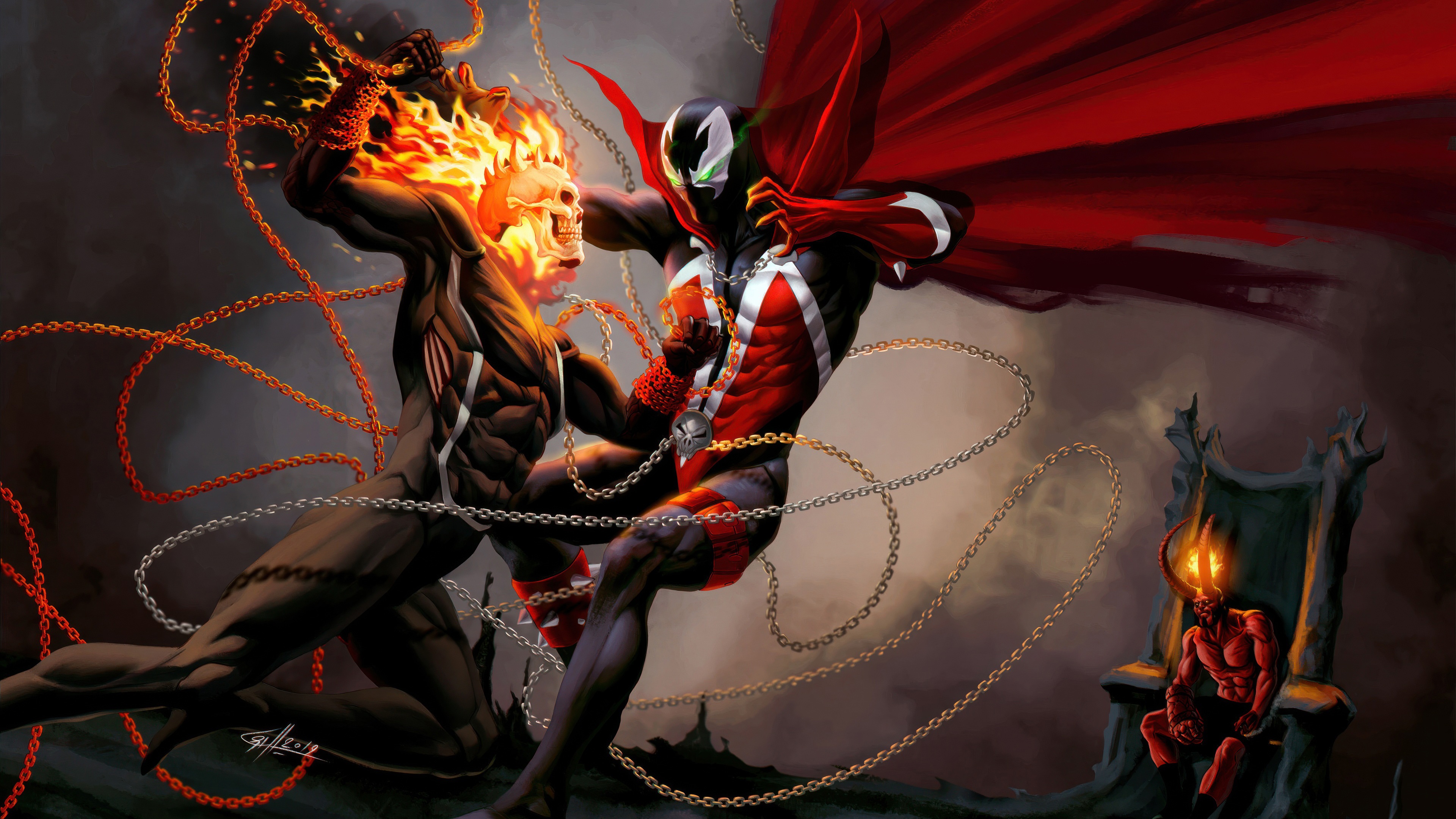 Spawn vs Ghost Rider with a demon on a throne HD Wallpaper