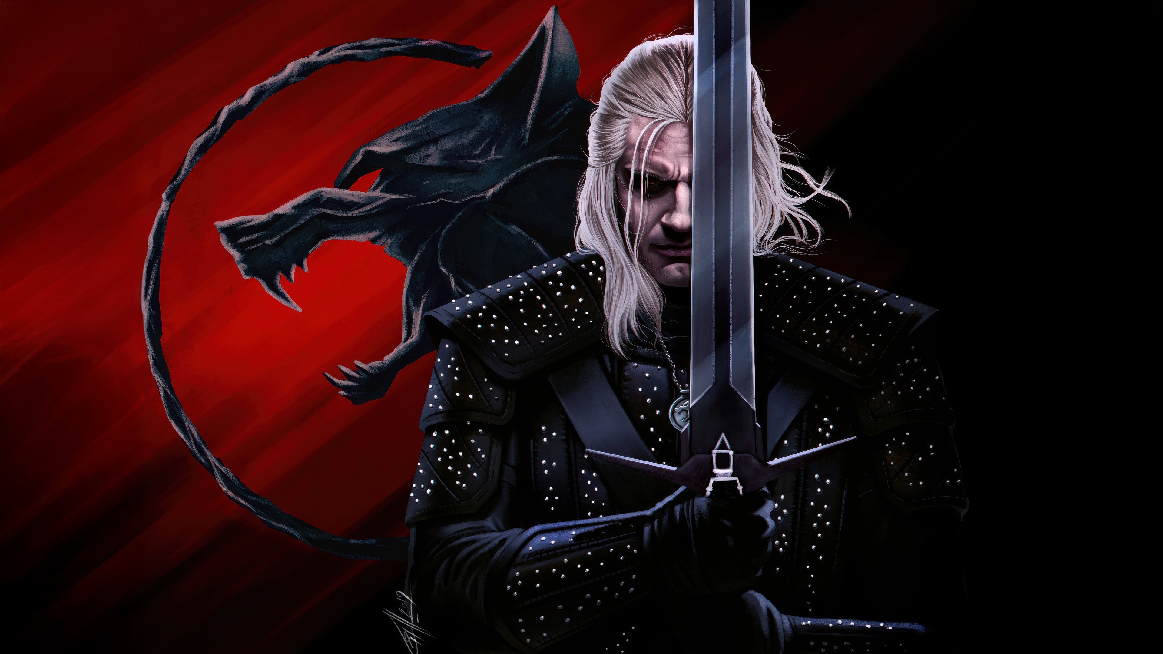 Geralt of Rivia holding his sword with a wolf emblem HD Wallpaper