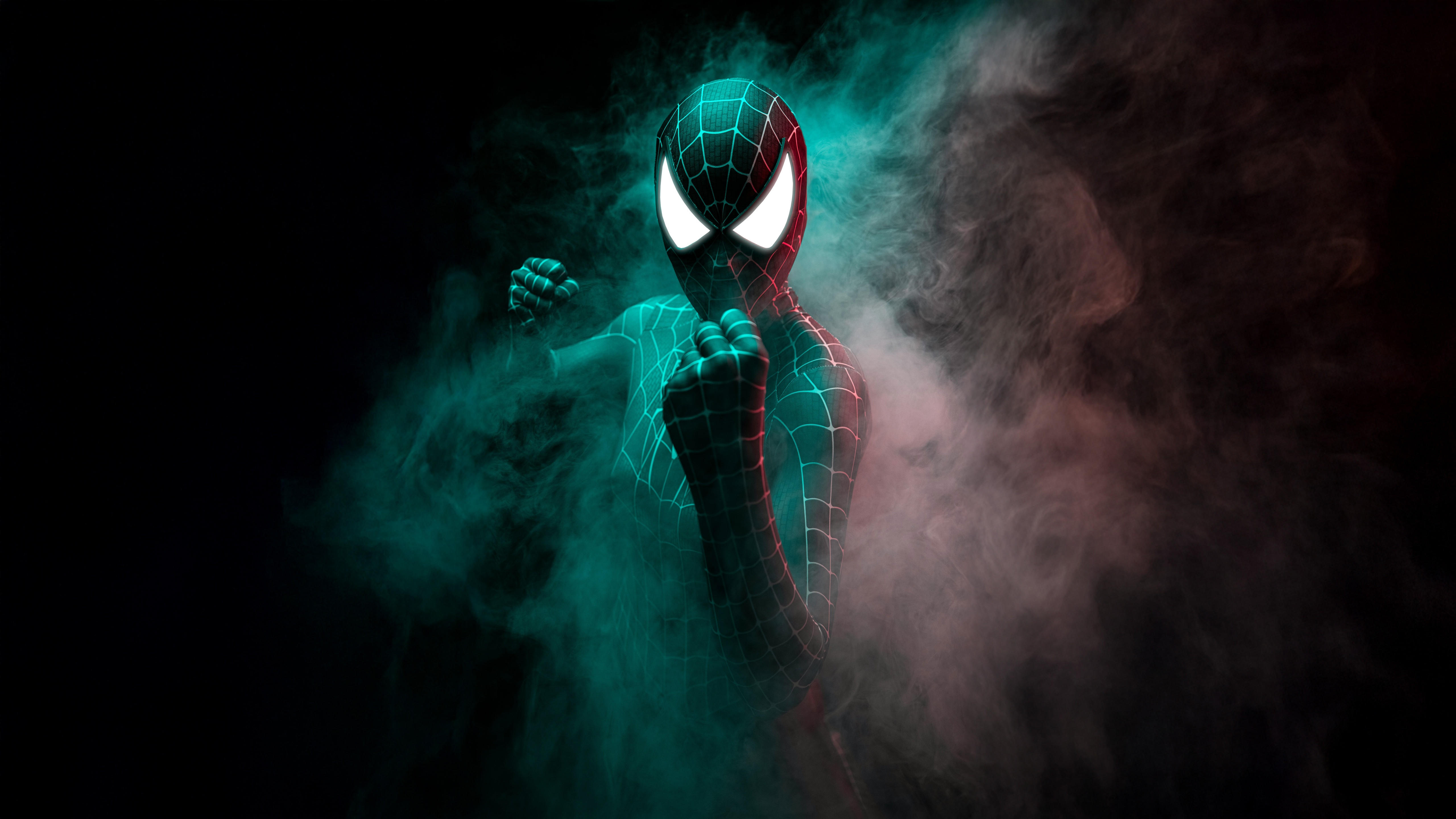 Spiderman in Teal and Red Mist HD Wallpaper