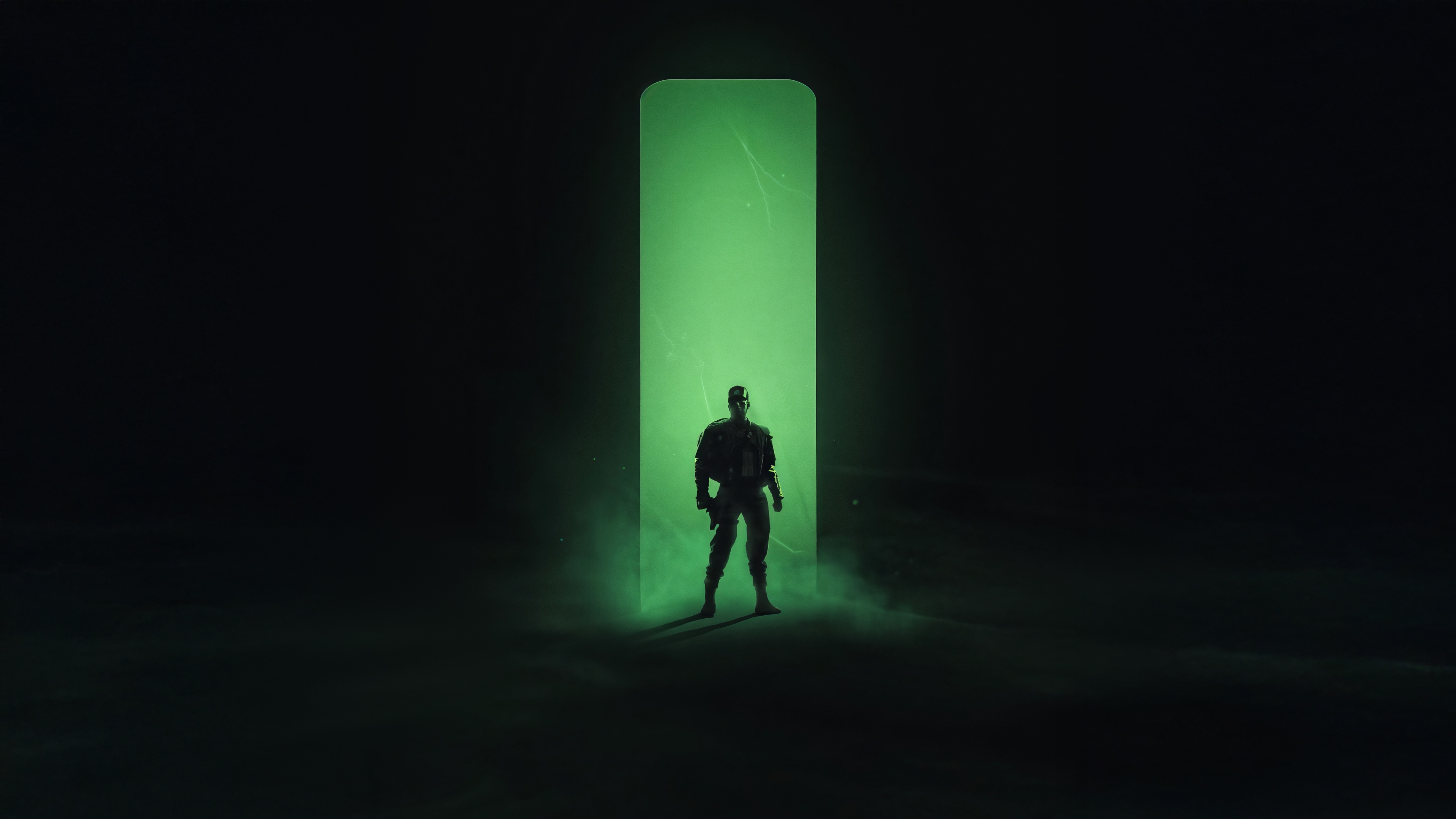 Soldier standing in a green light portal HD Wallpaper