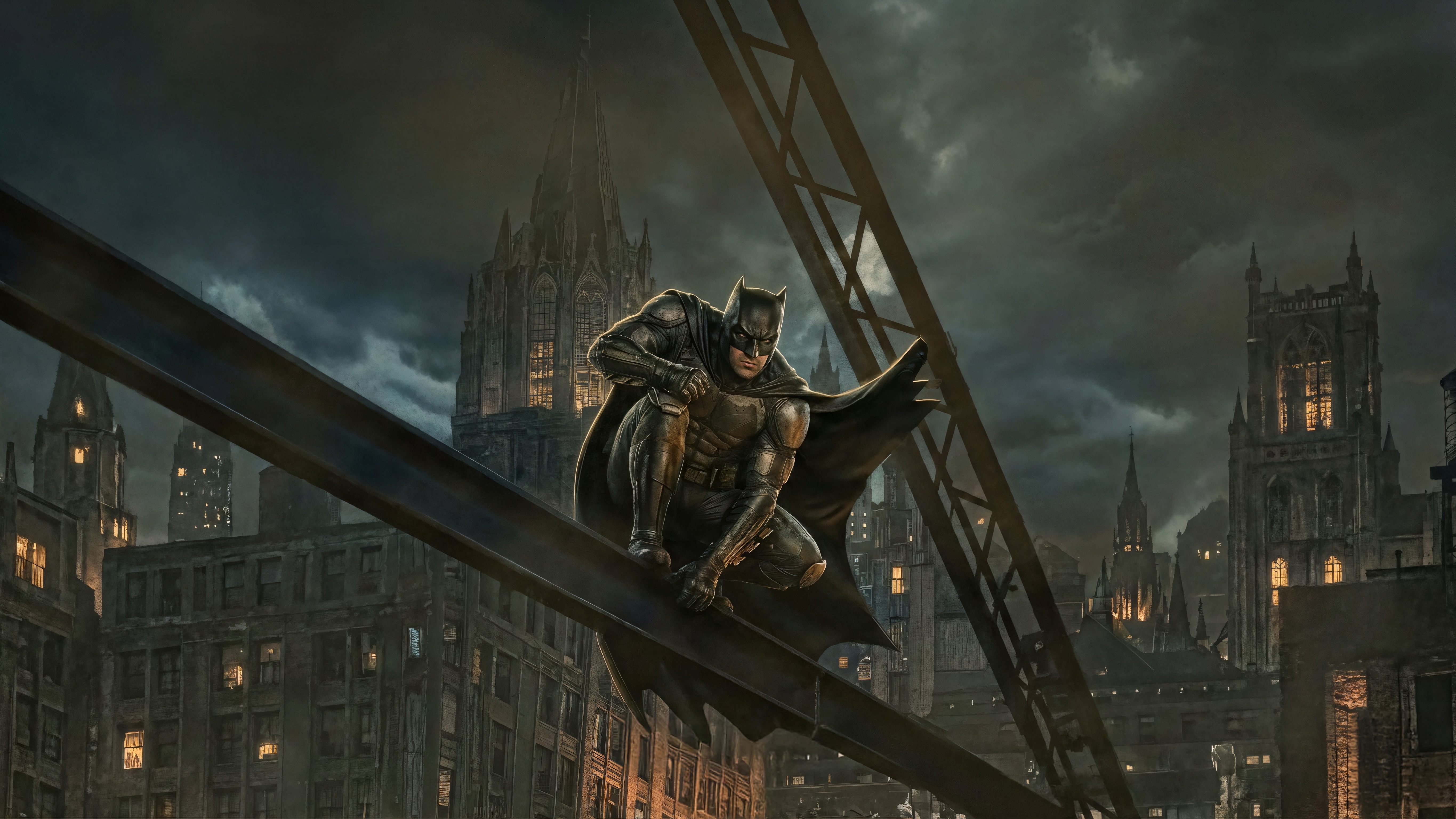 Batman Crouching on a Steel Beam Overlooking a City HD Wallpaper