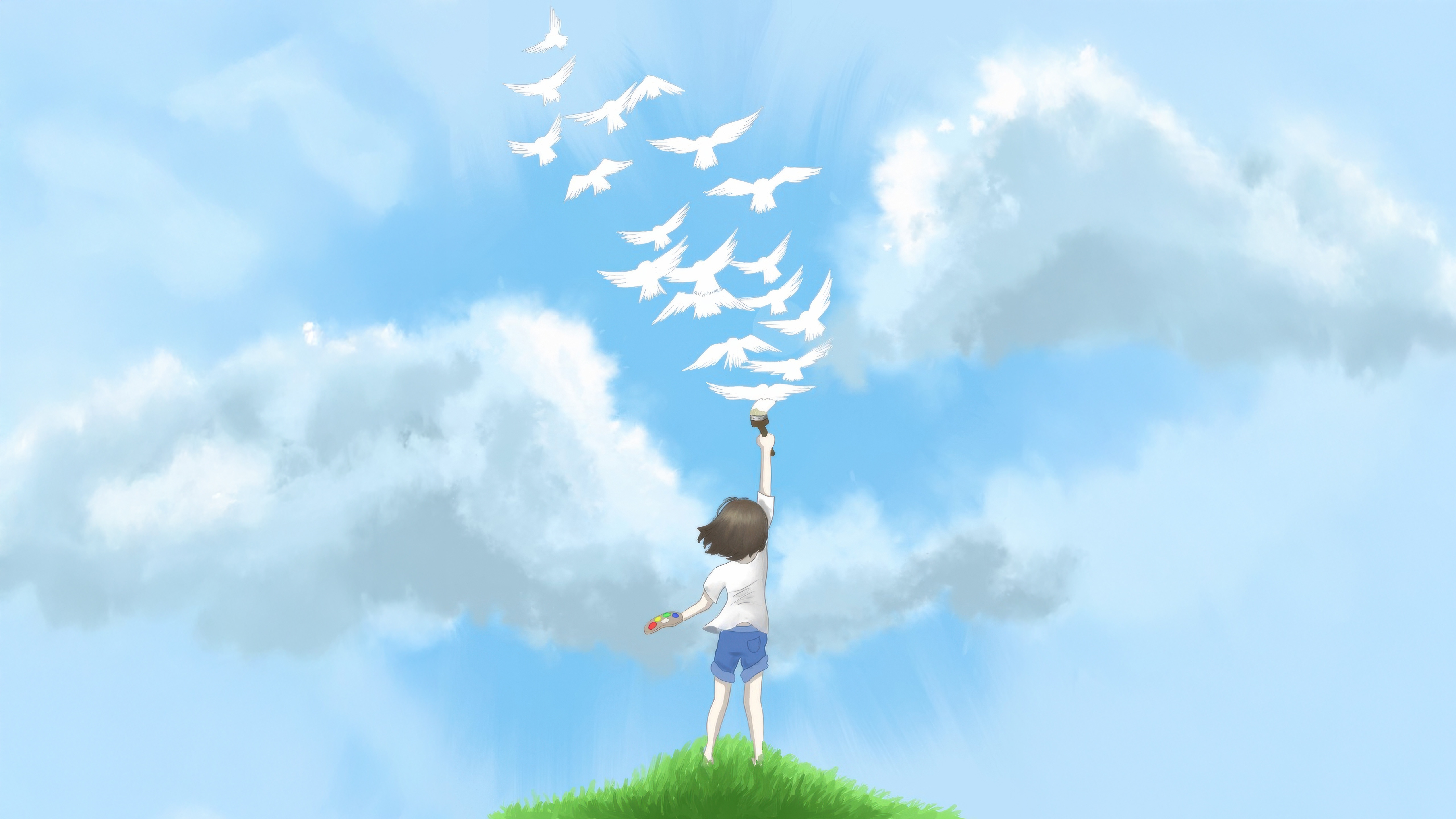 Anime Girl Painting White Doves into the Sky HD Wallpaper