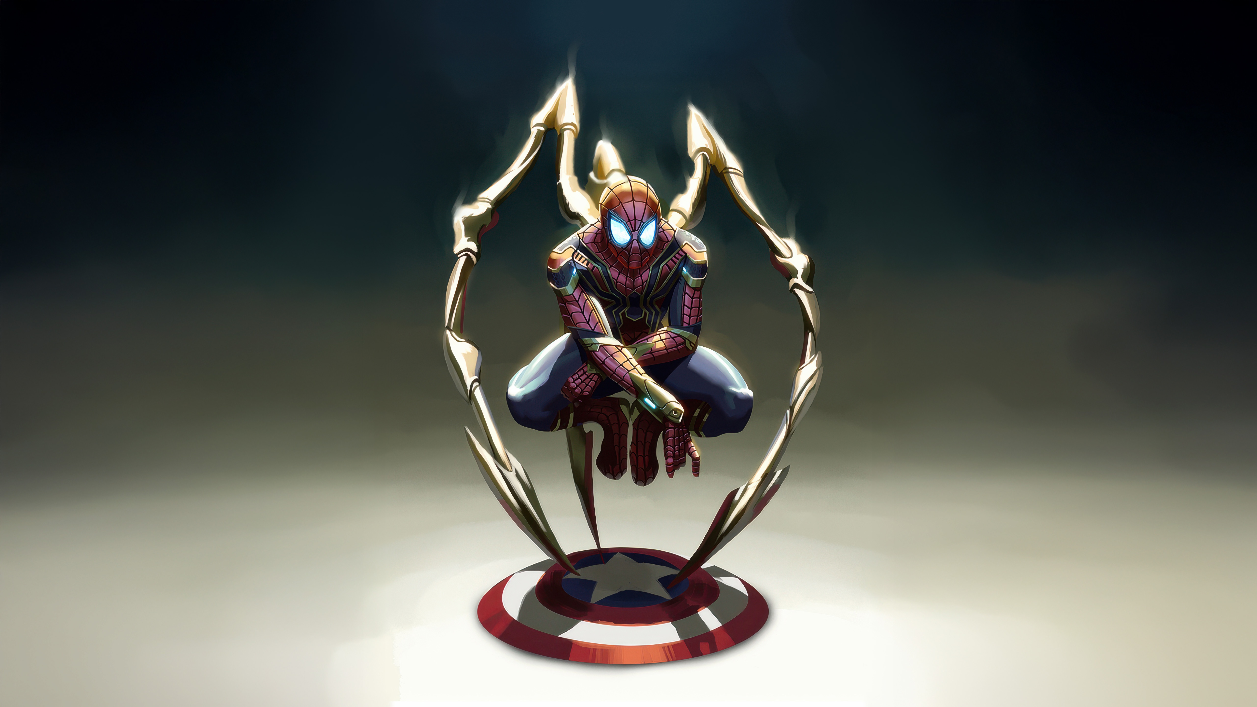 Iron Spider-Man with Iron Spider Arms on Captain America Shield HD Wallpaper