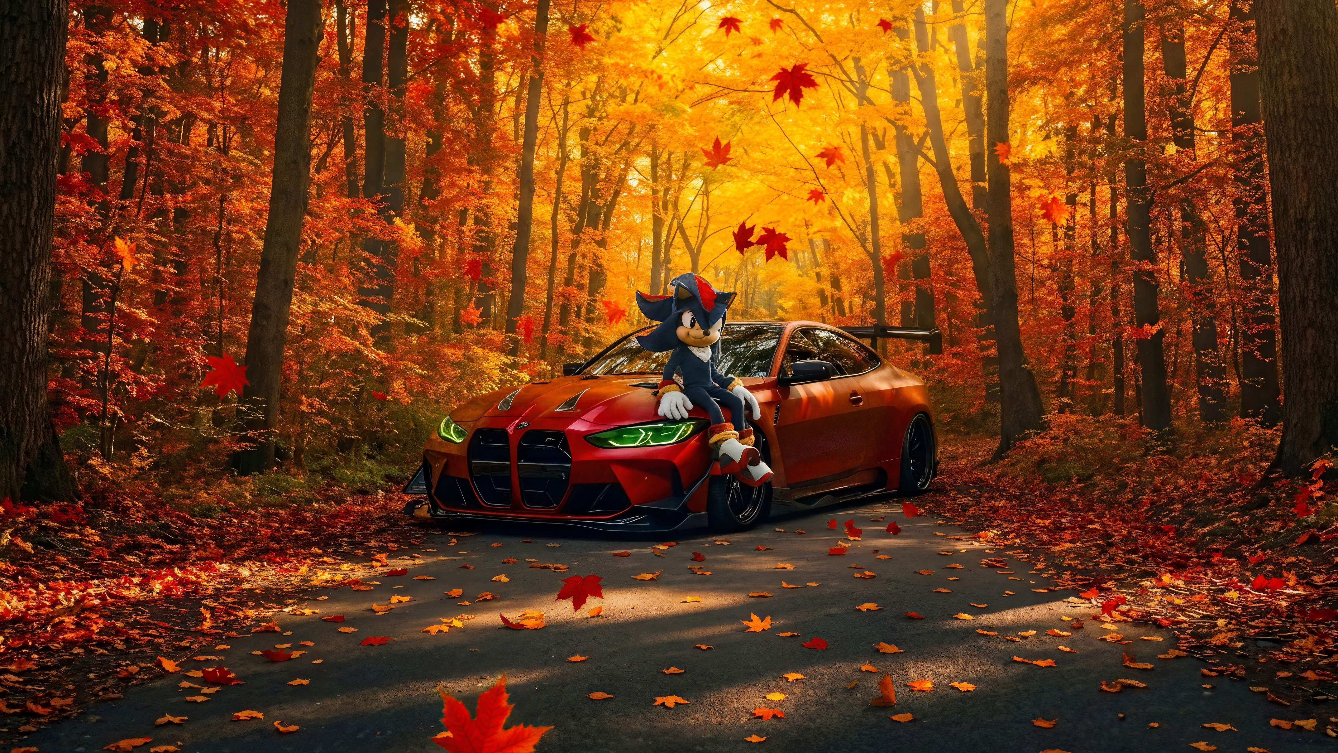 Shadow the Hedgehog sitting on a red BMW M4 in autumn forest HD Wallpaper