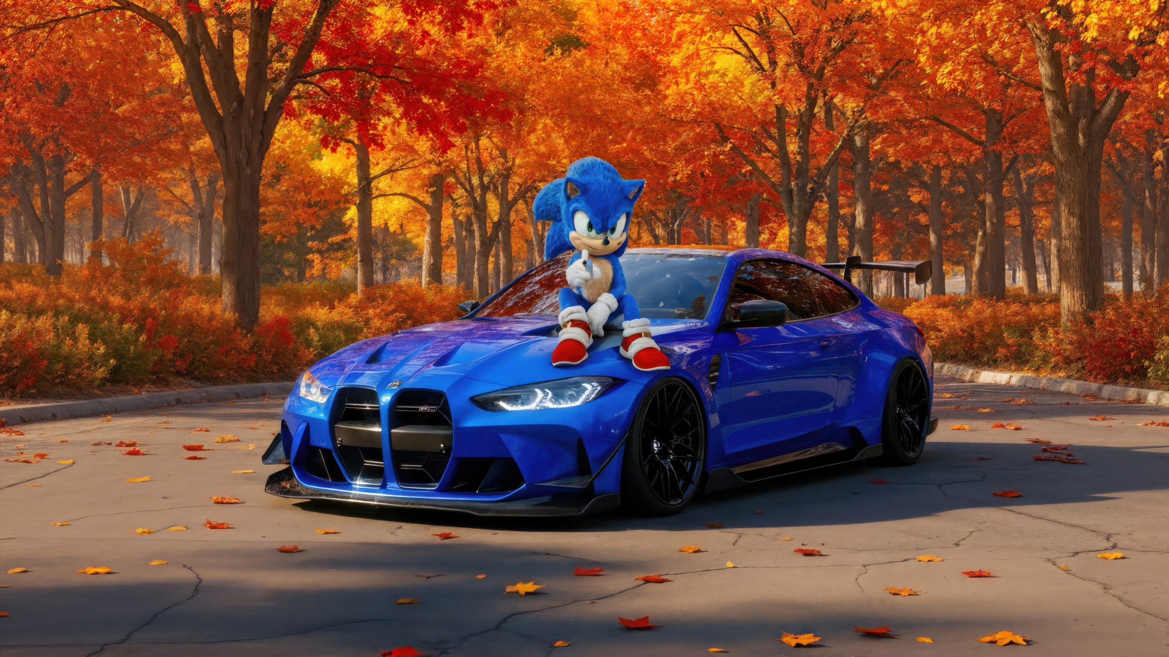 Sonic the Hedgehog on a blue BMW M4 in autumn HD Wallpaper
