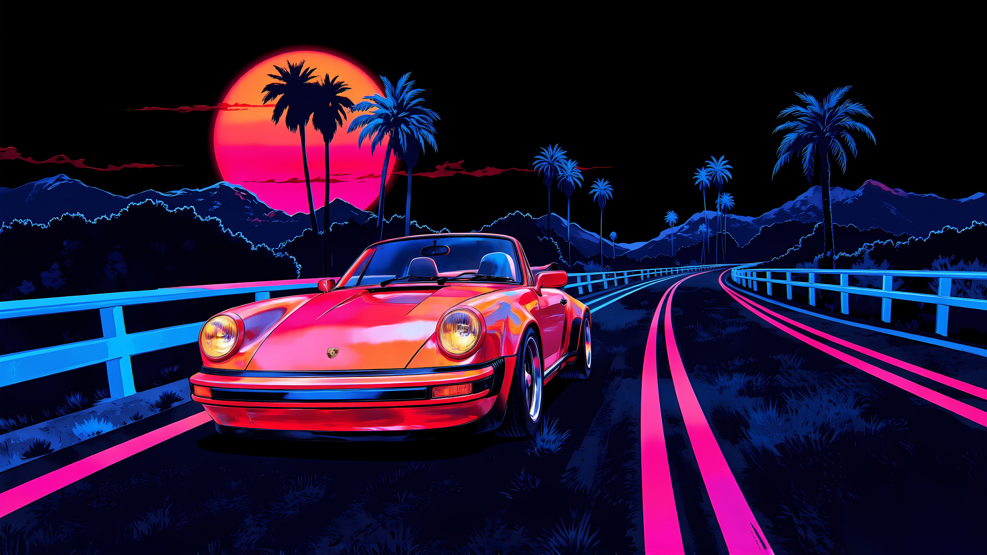 Red Porsche 911 on a neon highway at sunset HD Wallpaper