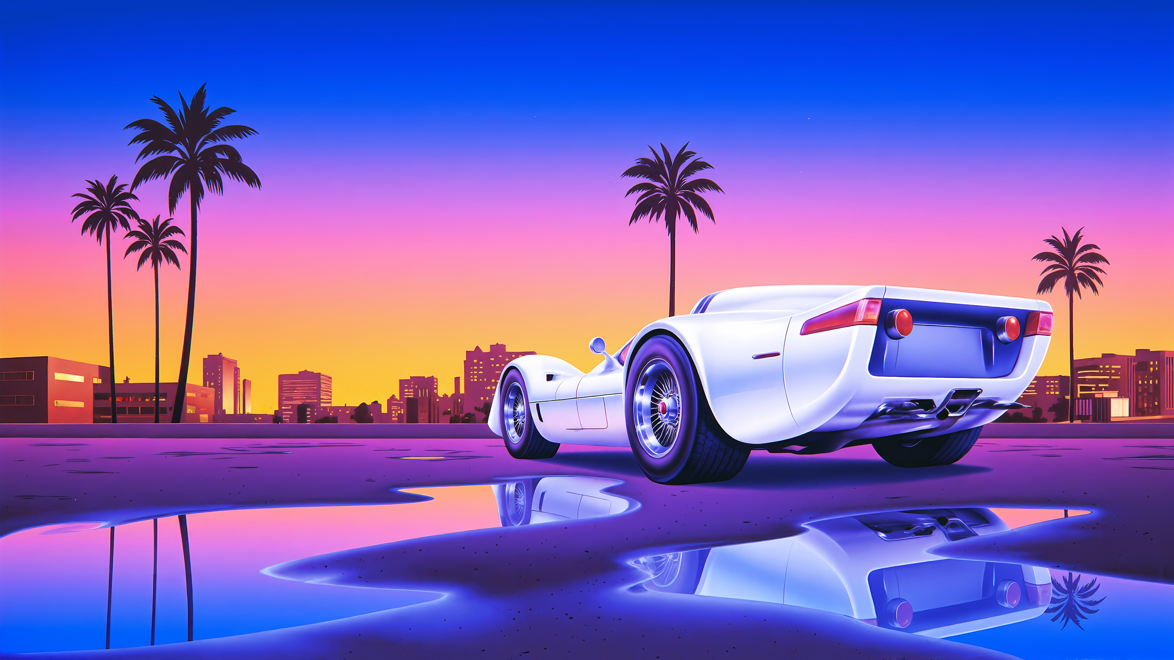 White Retro Future Sports Car at Sunset HD Wallpaper