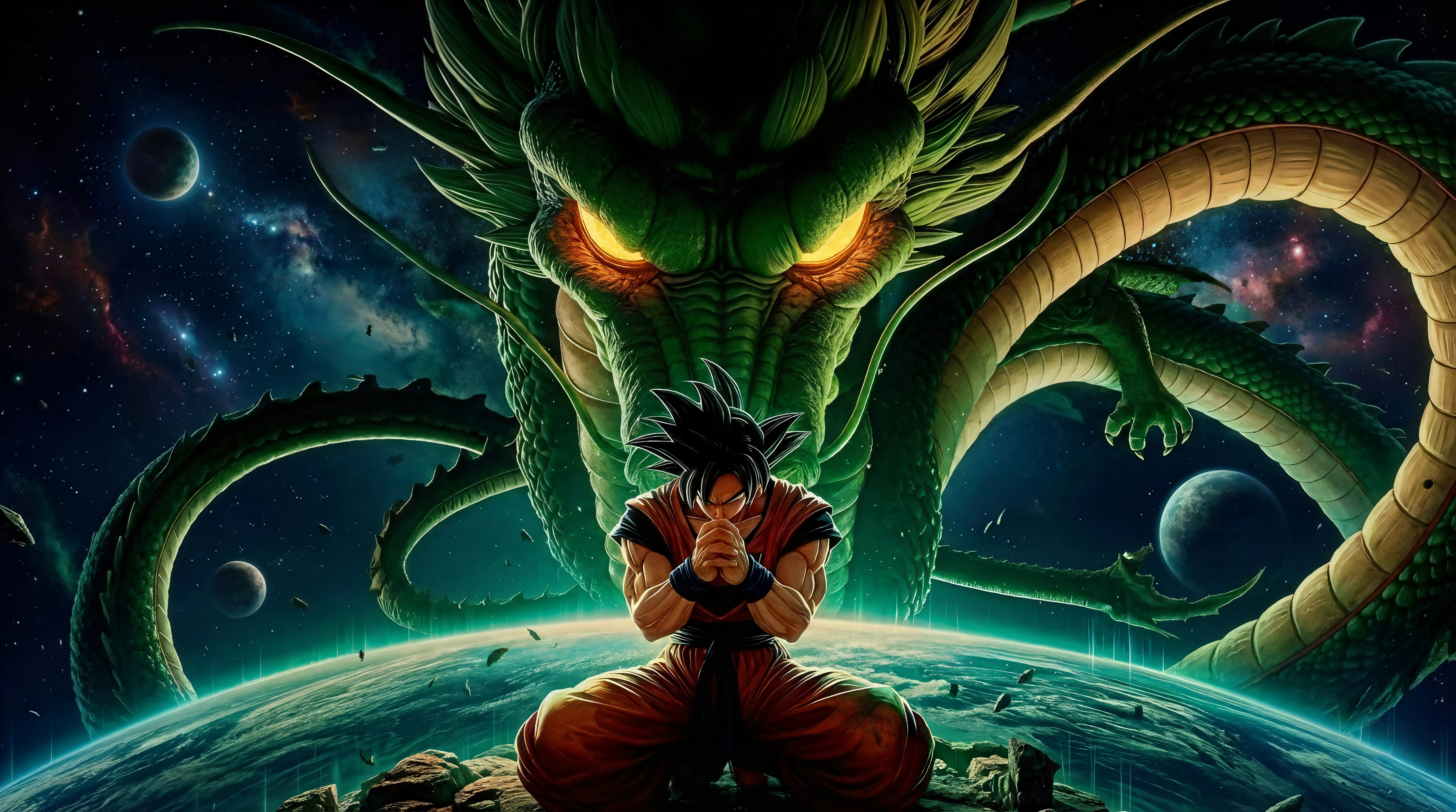 Goku and Shenron in space above Earth HD Wallpaper