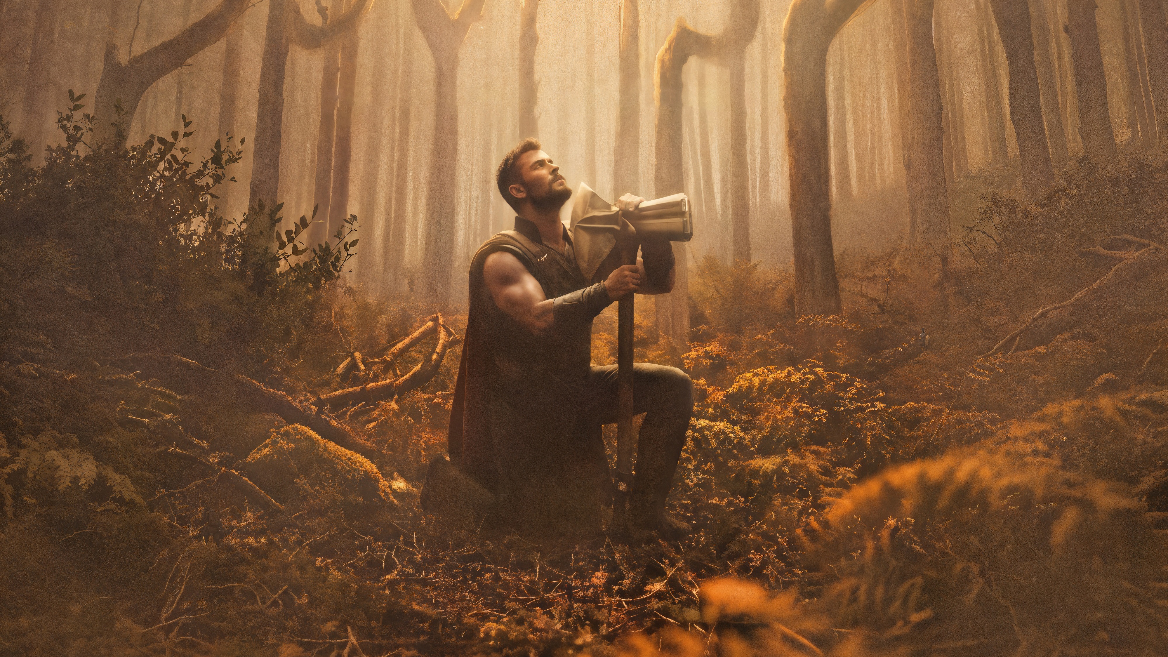 Thor with Stormbreaker in a forest HD Wallpaper