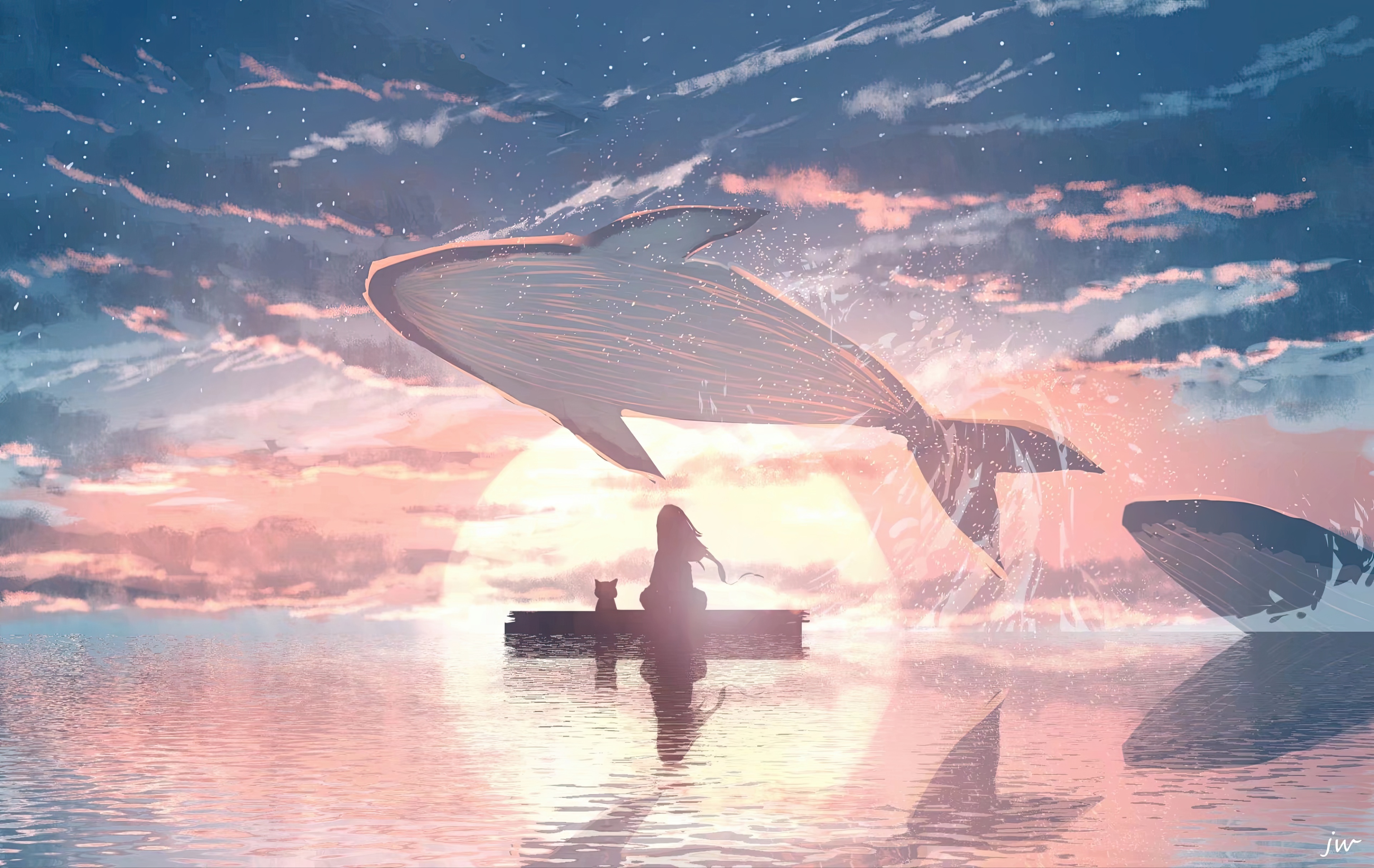 Girl and Cat Watch Sky Whales at Sunset HD Wallpaper