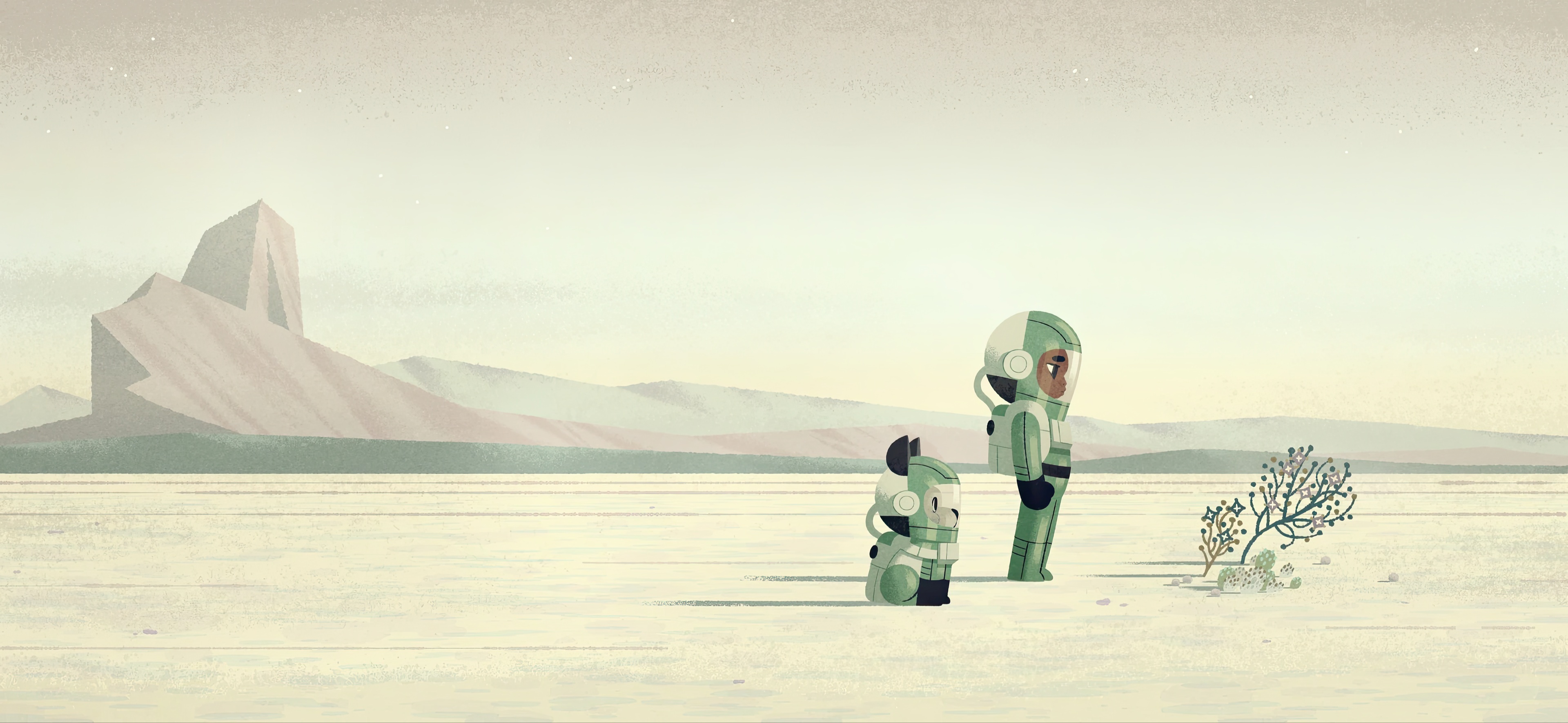 Space Explorer and Robot Dog on an Alien Planet HD Wallpaper