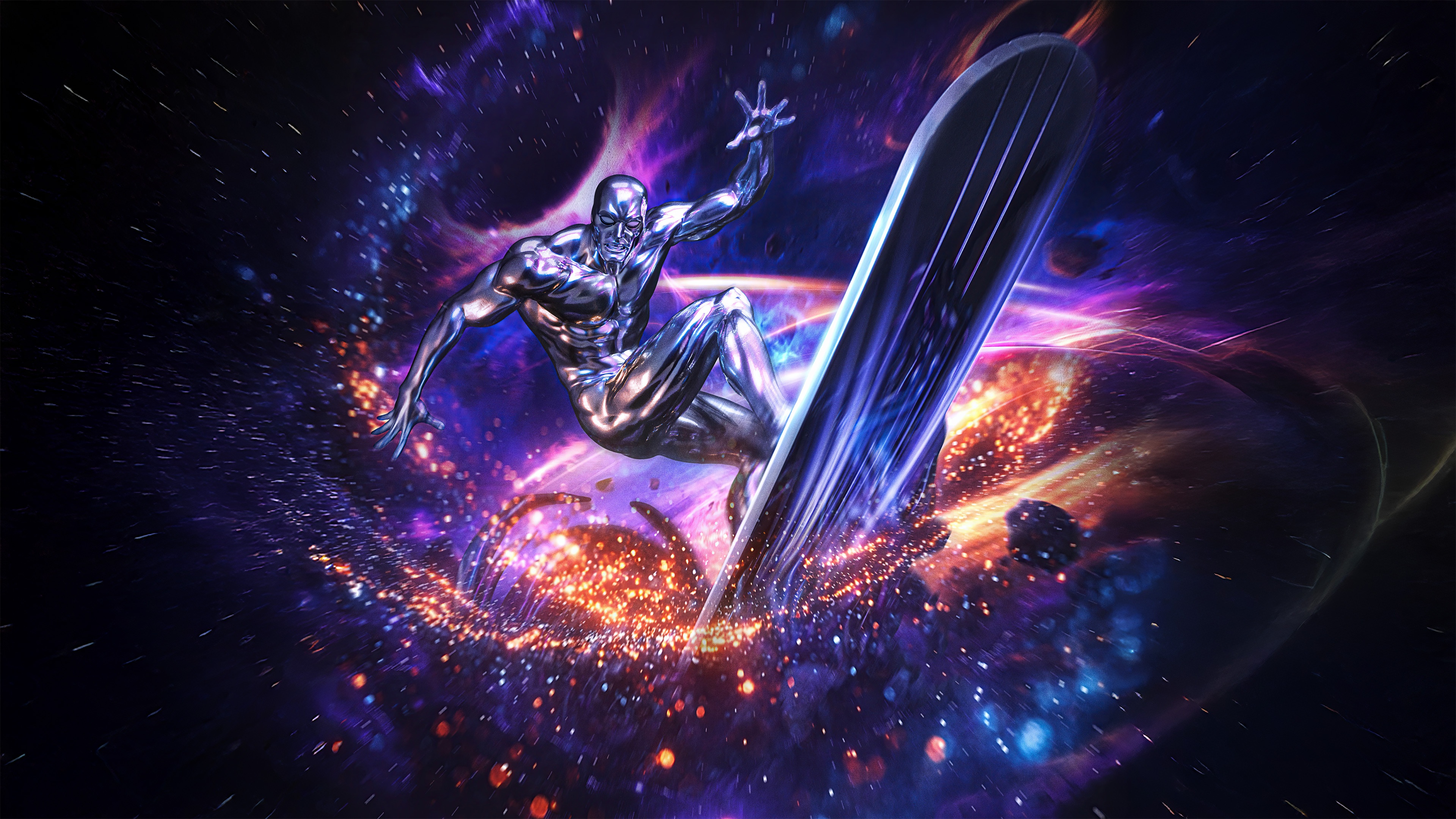 Silver Surfer riding his board through space HD Wallpaper