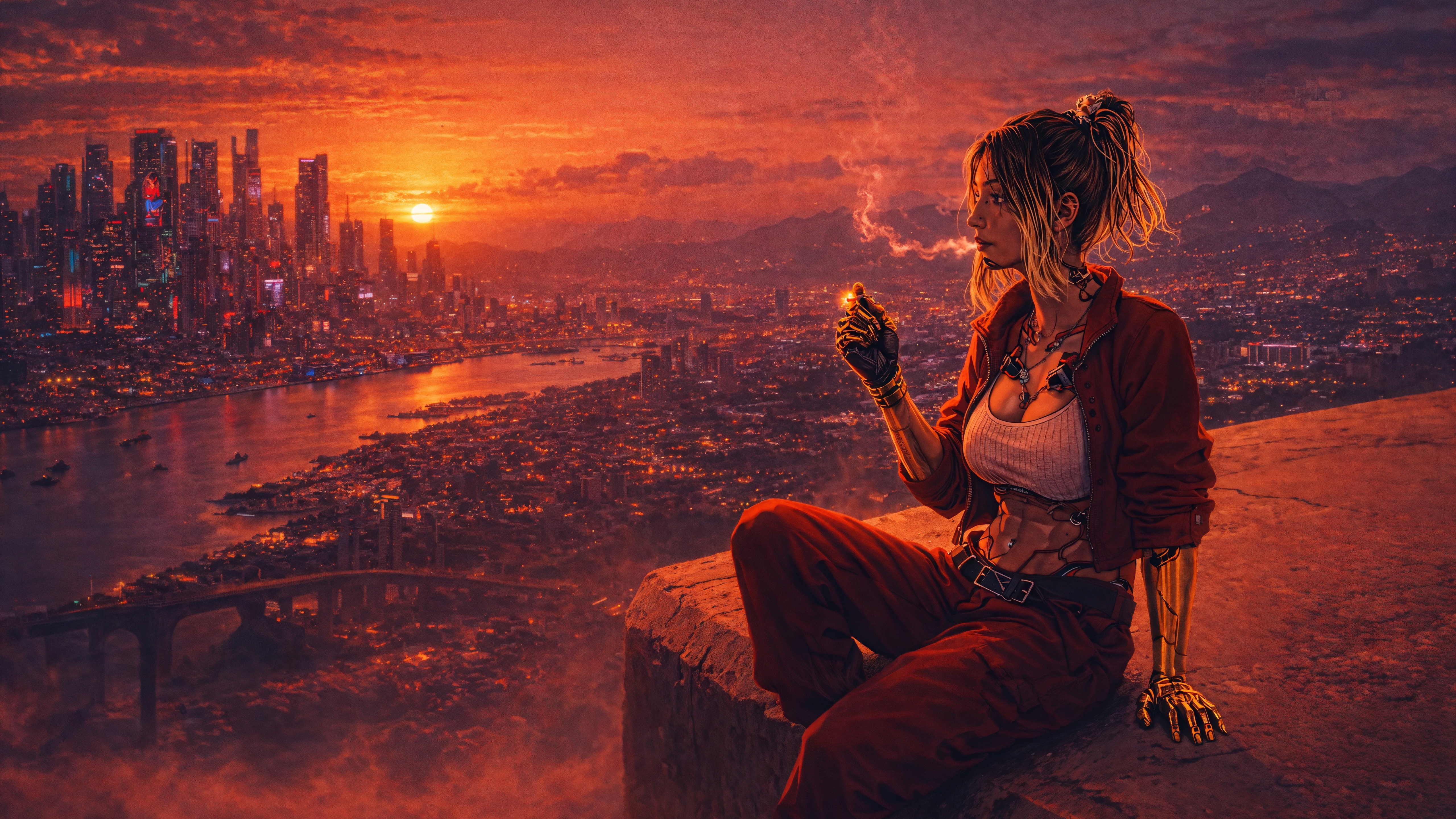 Cyberpunk Girl Smoking Over a Cityscape at Sunset HD Wallpaper