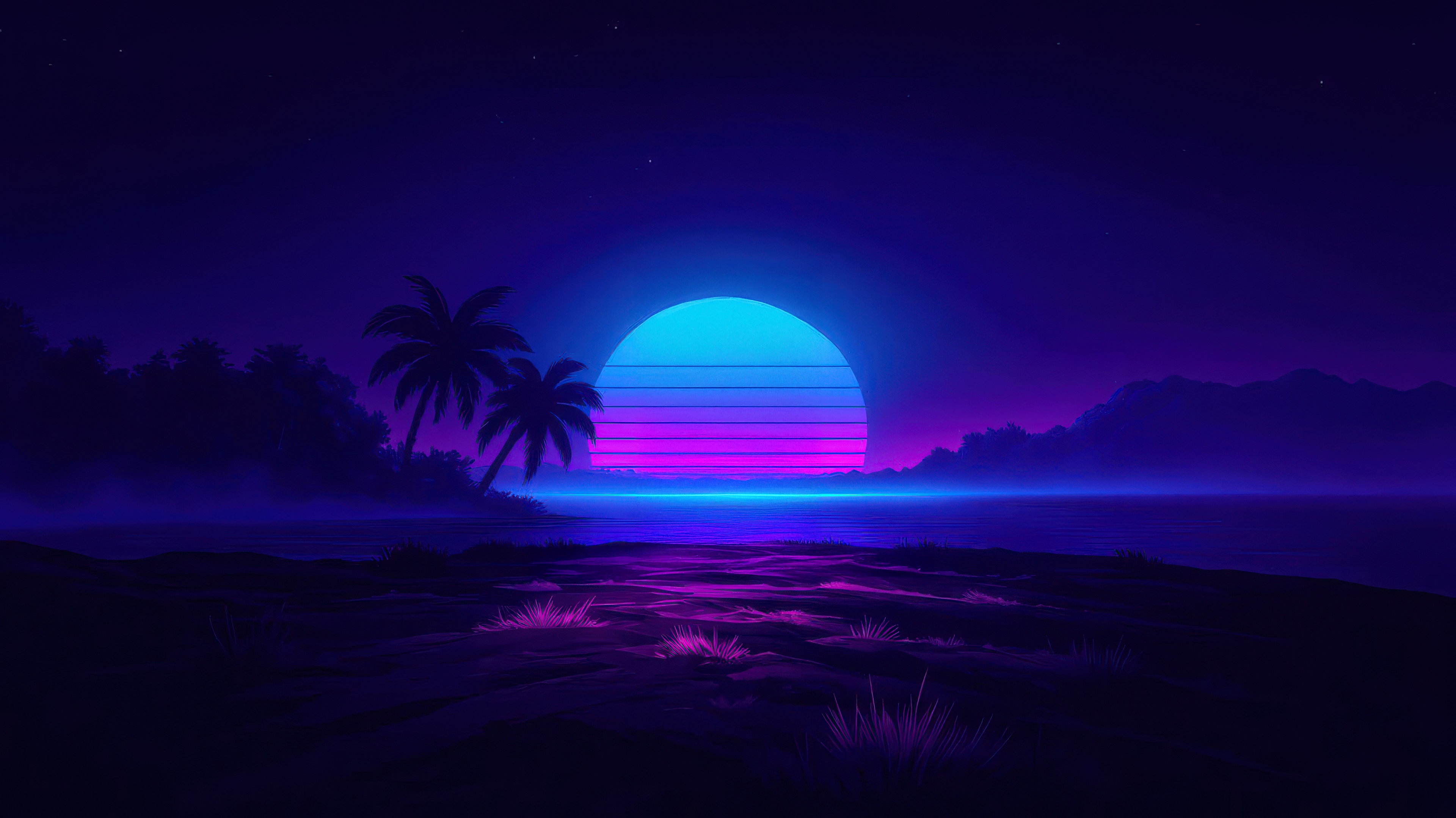 Retro Neon Synthwave Sunset View HD Wallpaper