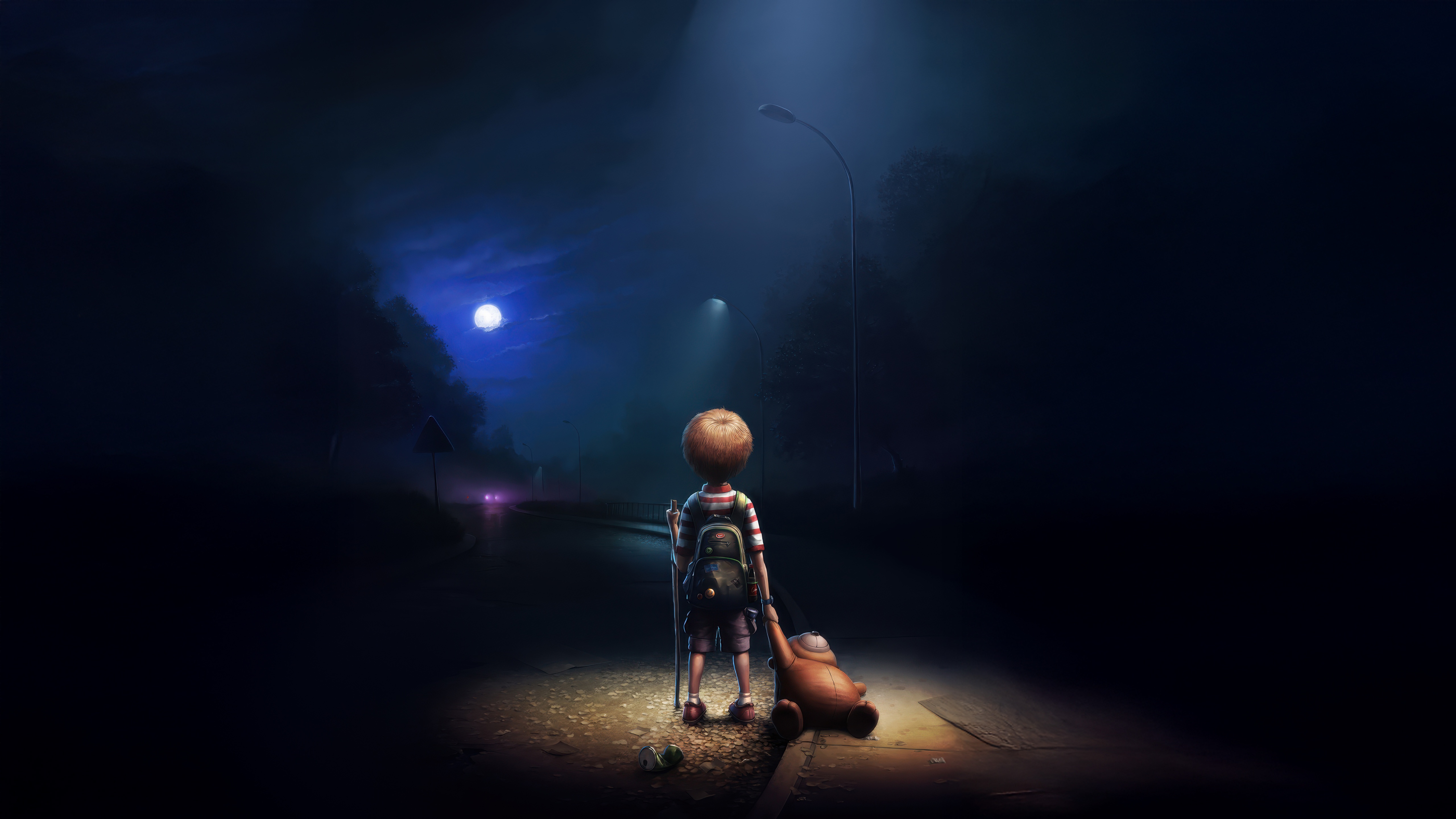 Boy with backpack and teddy bear lost at night HD Wallpaper