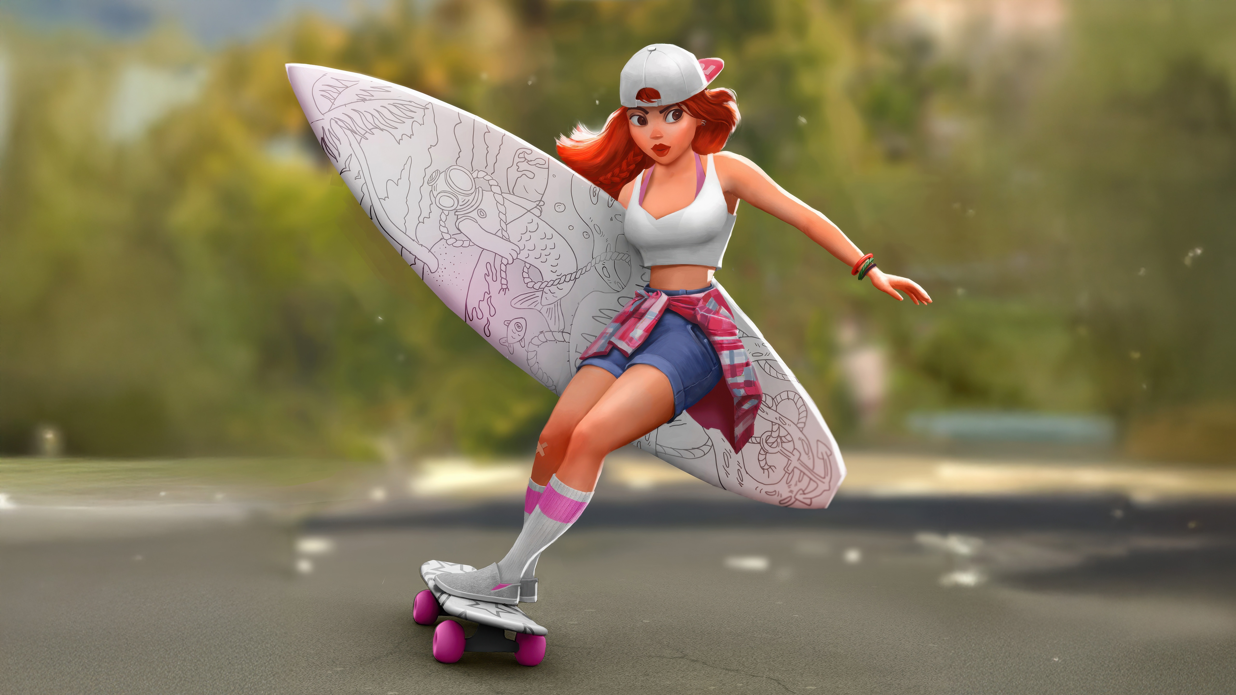 Anime girl with surfboard on a skateboard HD Wallpaper