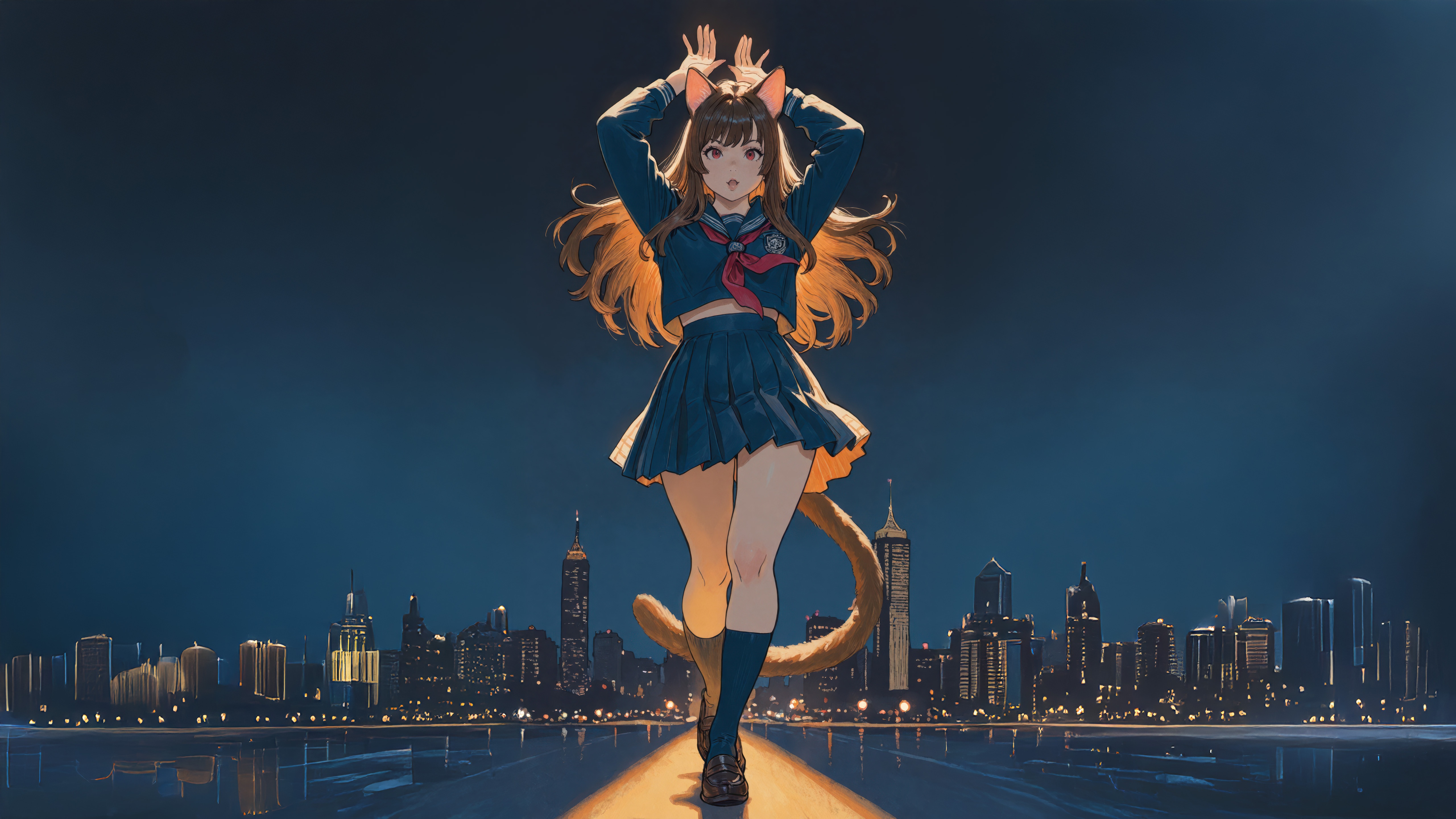 Anime Cat Girl Poses in City at Night HD Wallpaper