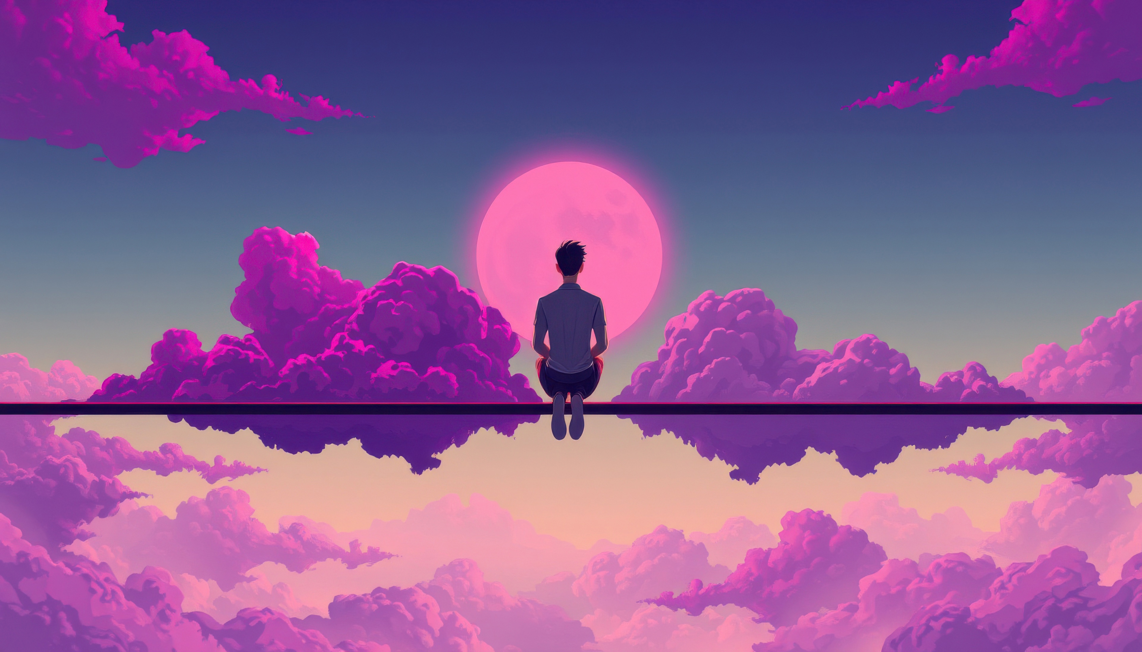 Man Sitting on a Wire Watching the Pink Moon HD Wallpaper