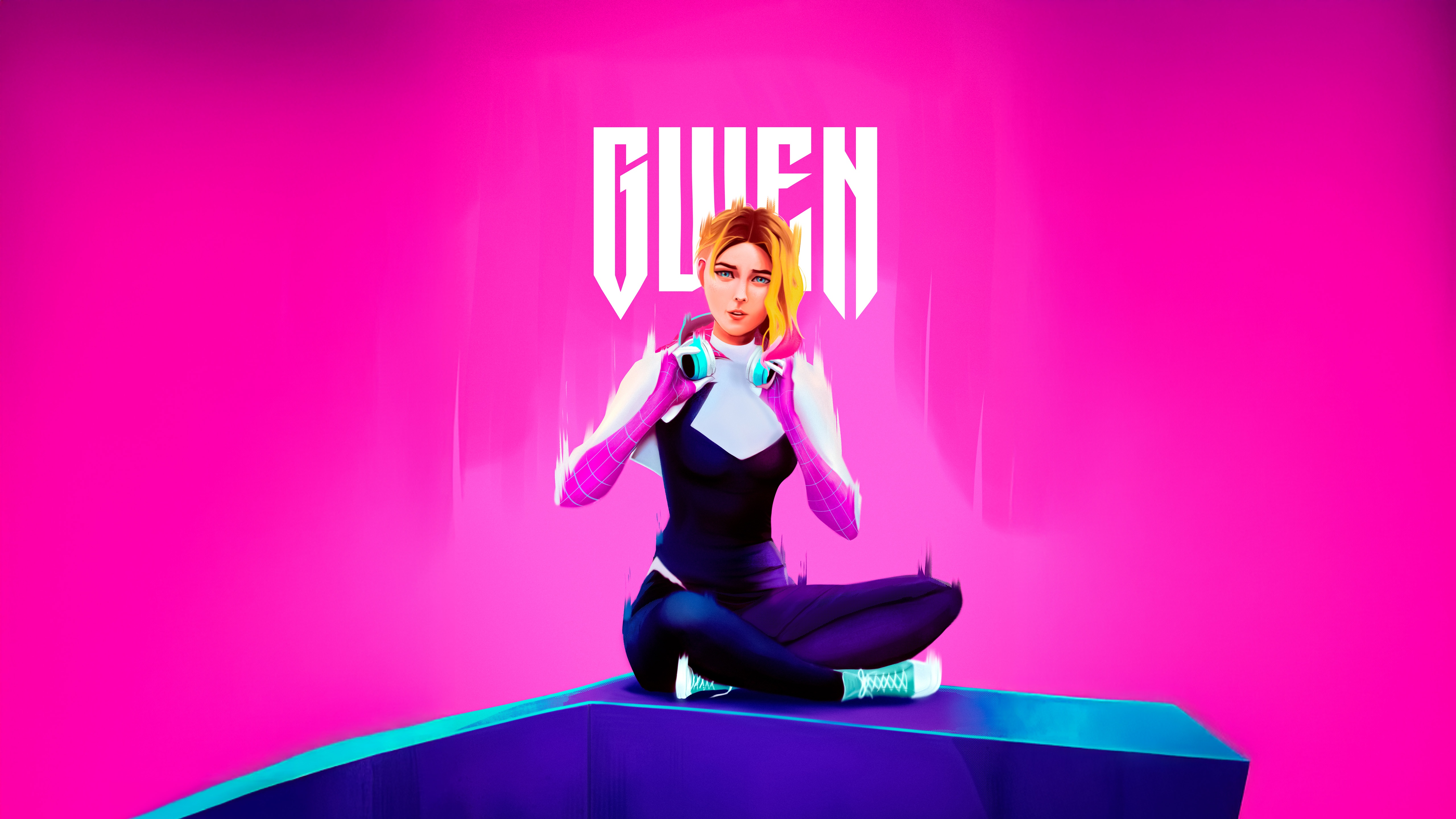 Gwen Stacy sitting on a platform with headphones HD Wallpaper