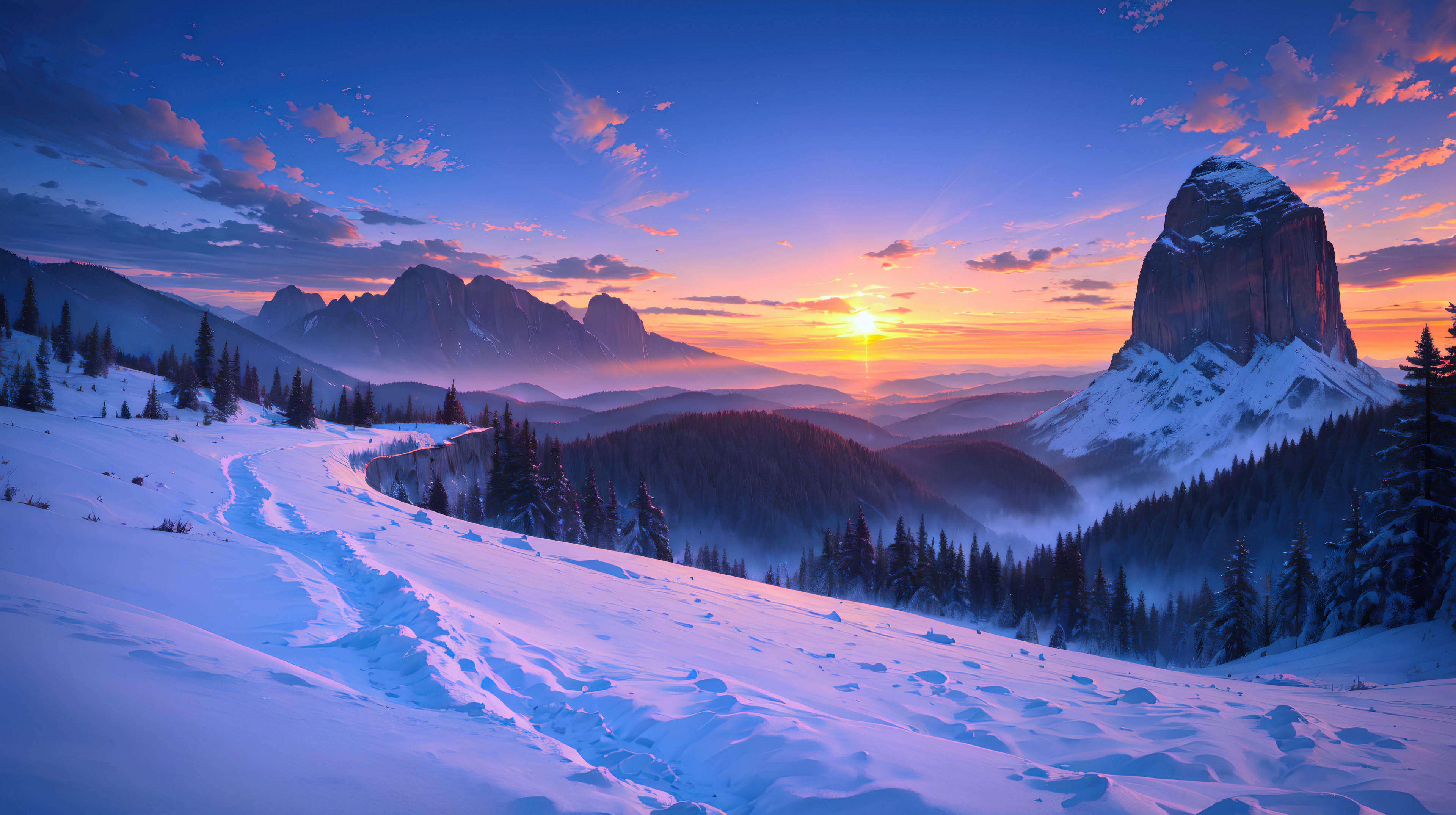Snow Covered Mountain At Twilight HD Wallpaper