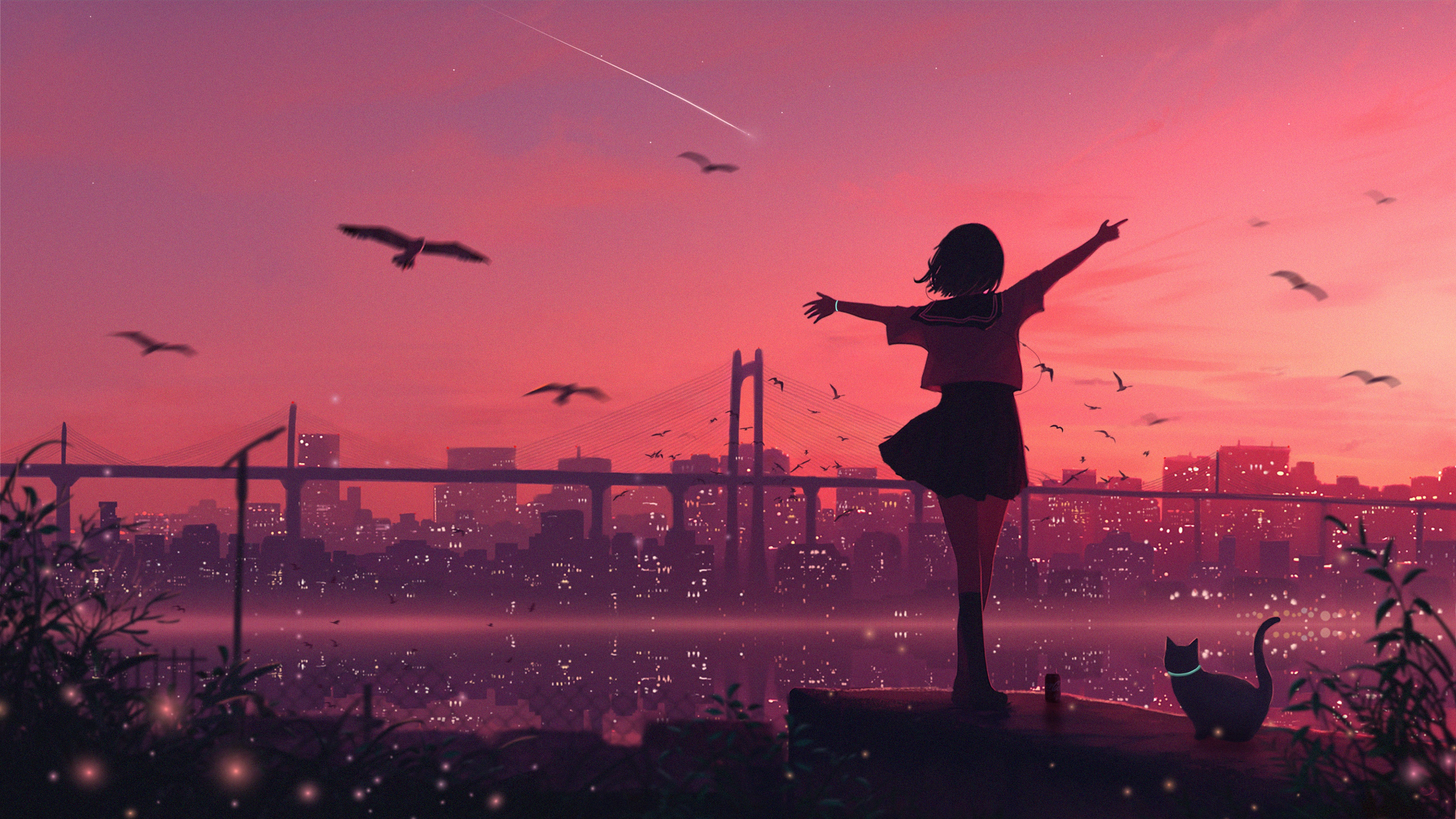 Anime girl dancing with cat on rooftop at sunset HD Wallpaper