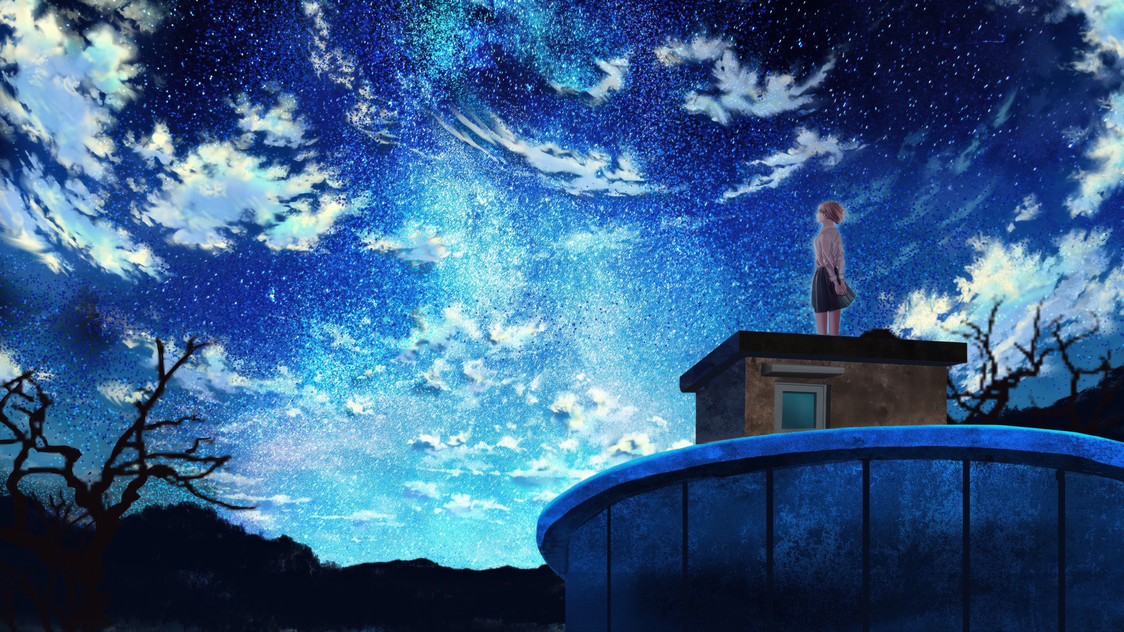 Anime Girl Standing on a Rooftop Under Infinite Stars HD Wallpaper