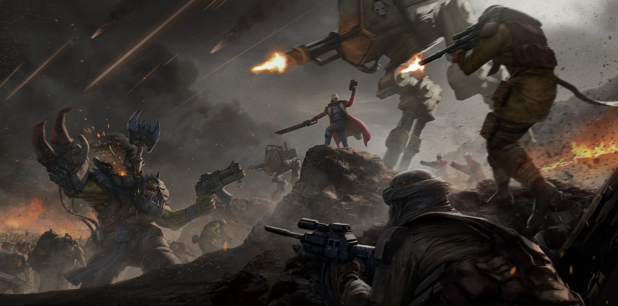 Warhammer 40,000 battle with orks and soldiers HD Wallpaper