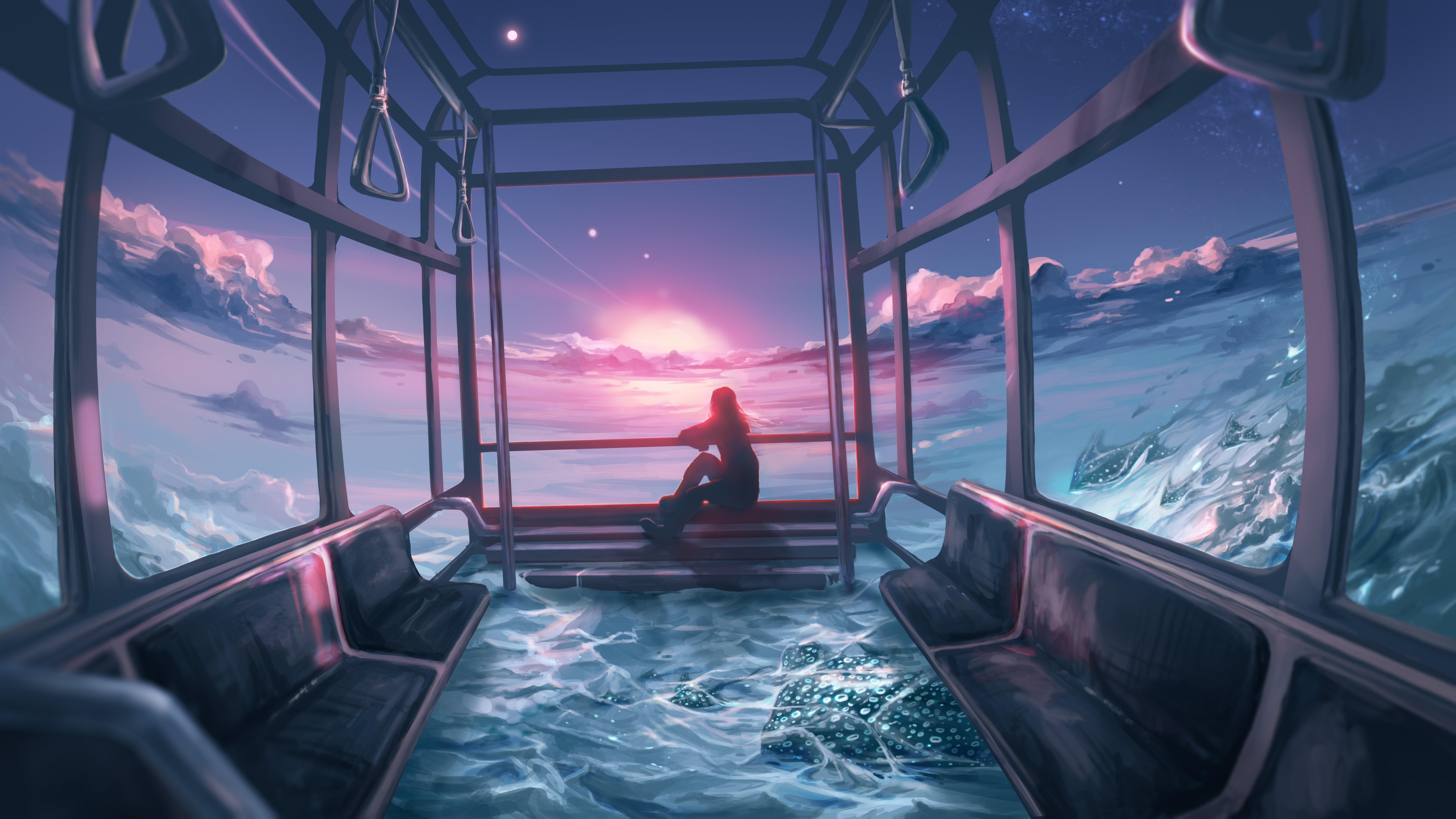 A person sits on a submerged train watching a sunset. HD Wallpaper