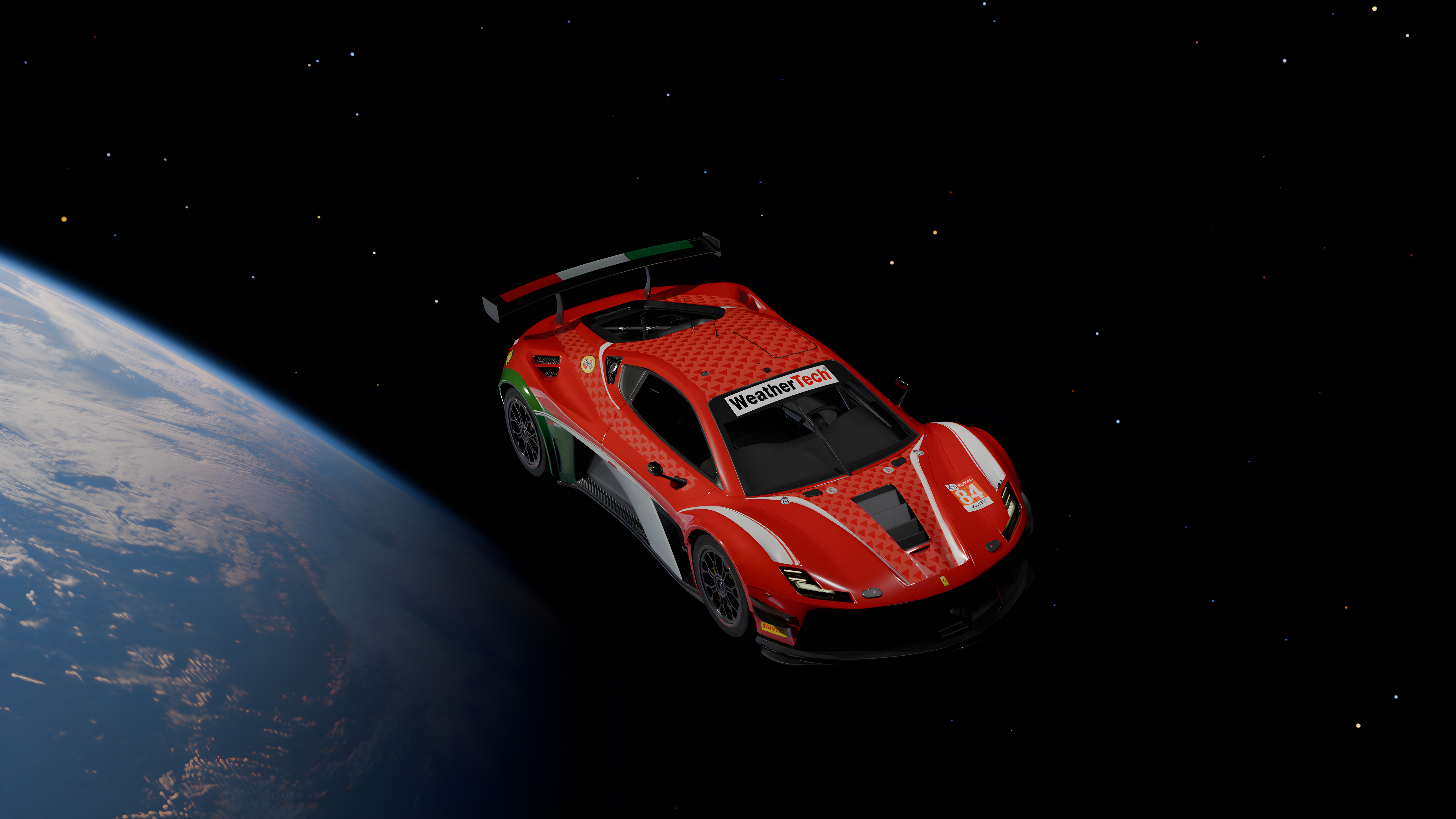 Ferrari race car in space with Earth below HD Wallpaper