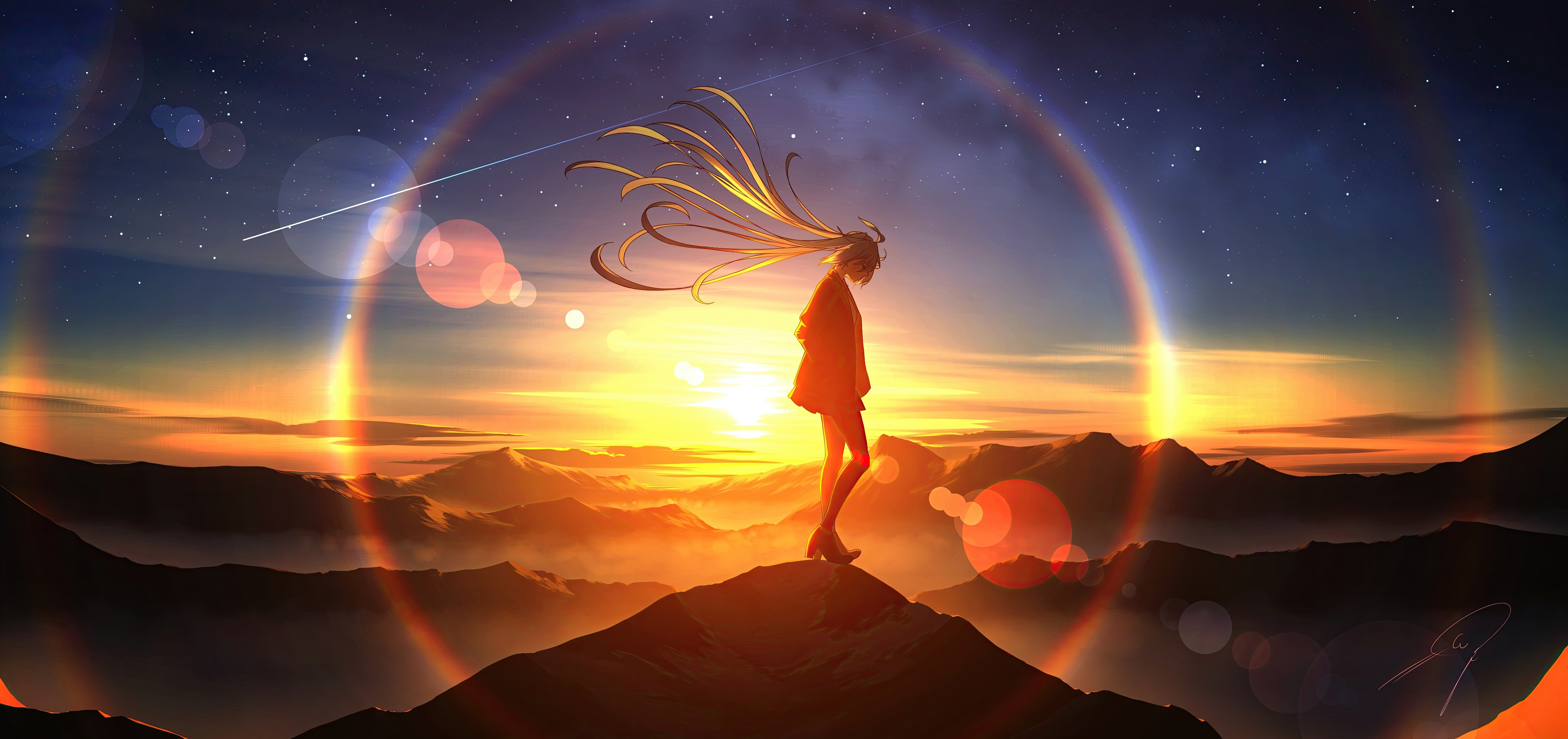 Hatsune Miku stands on a mountain at sunset with a rainbow HD Wallpaper
