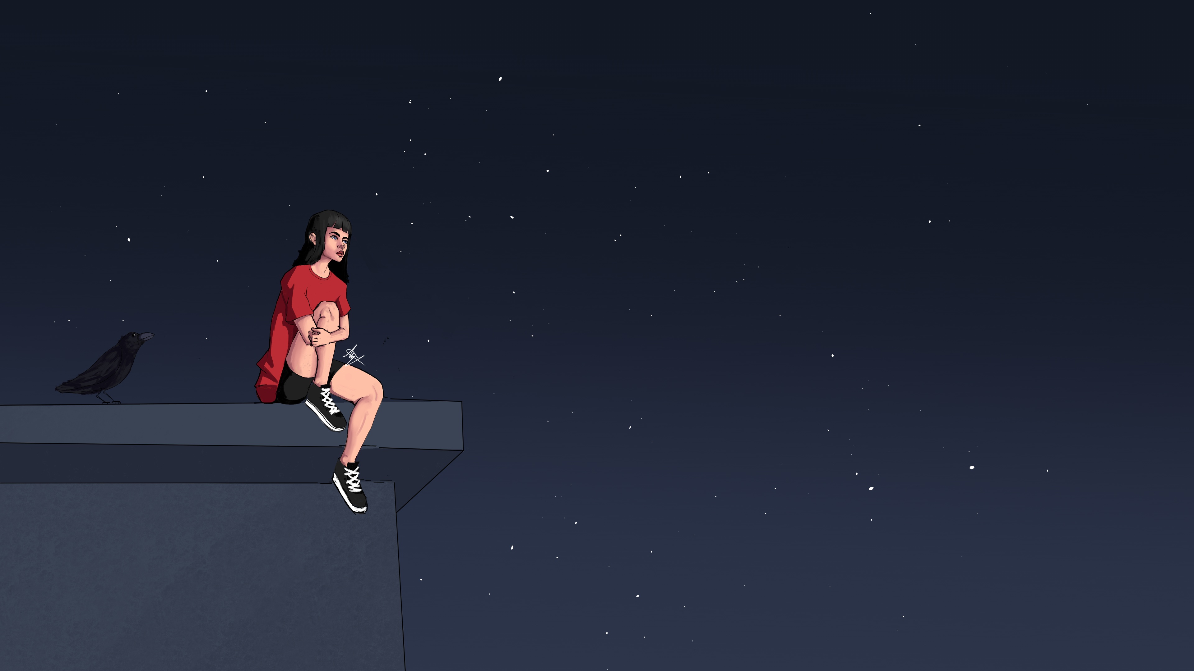Girl and crow sitting on a rooftop at night HD Wallpaper