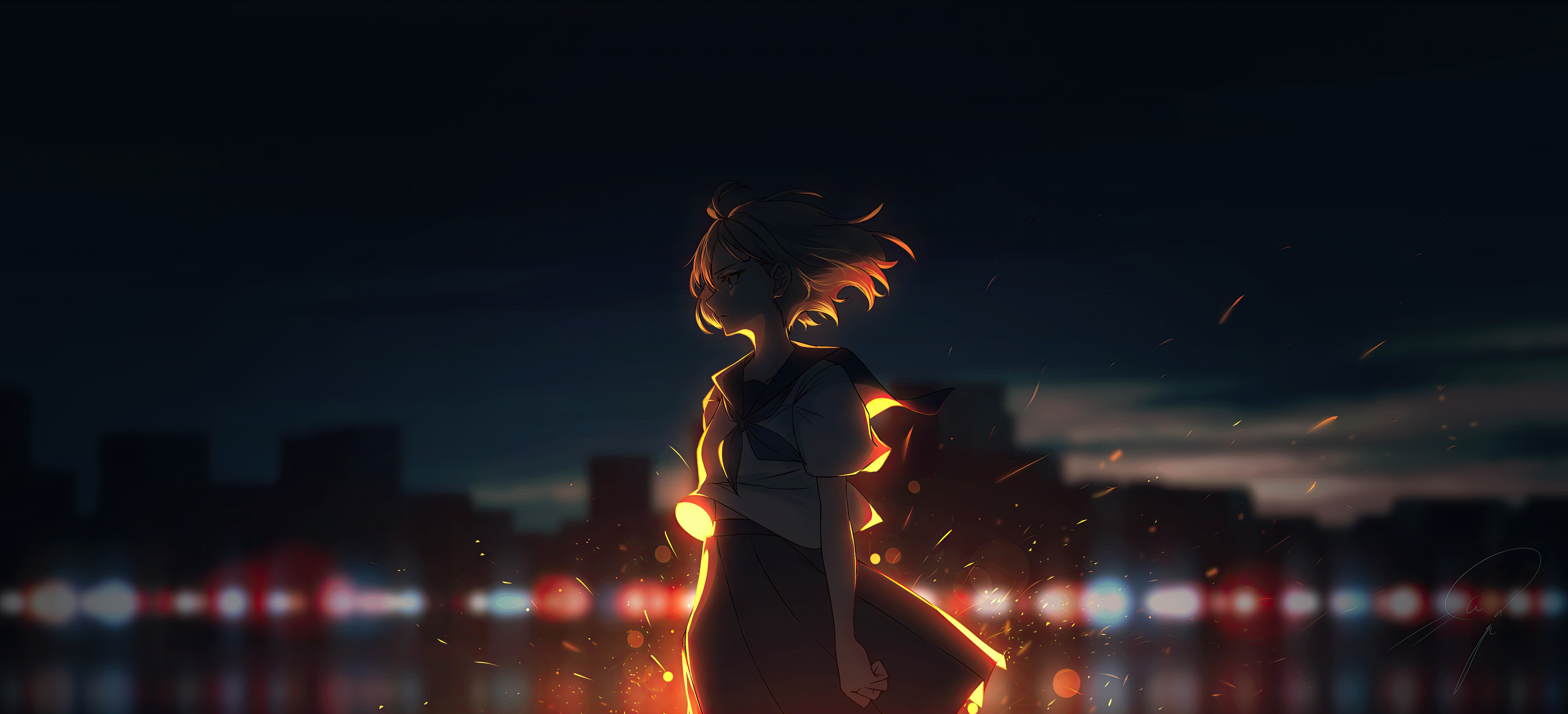 Neon Spirit Anime Girl in Cityscape HD Wallpaper