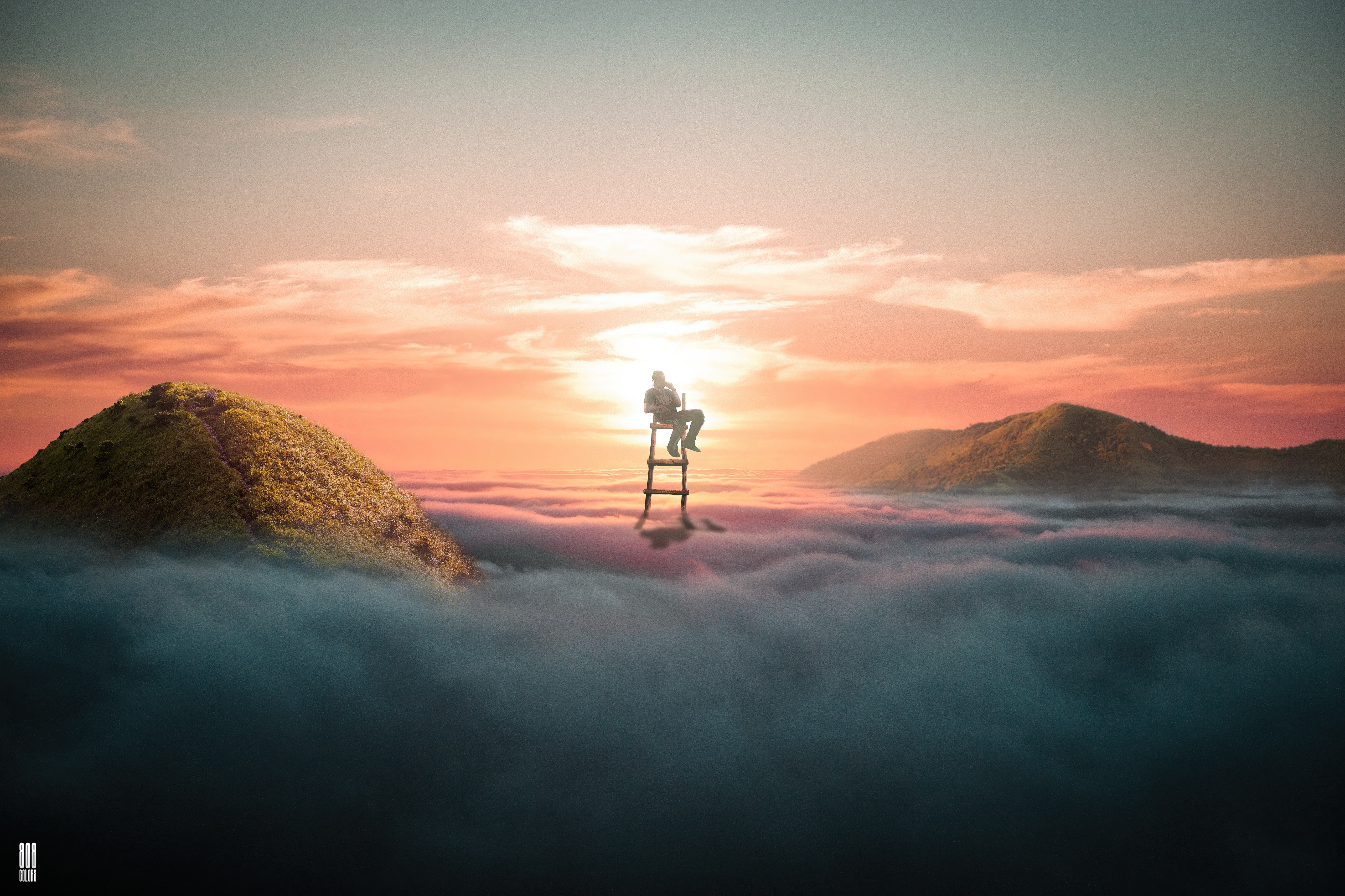Man Sitting on a Ladder Above Clouds at Sunset HD Wallpaper