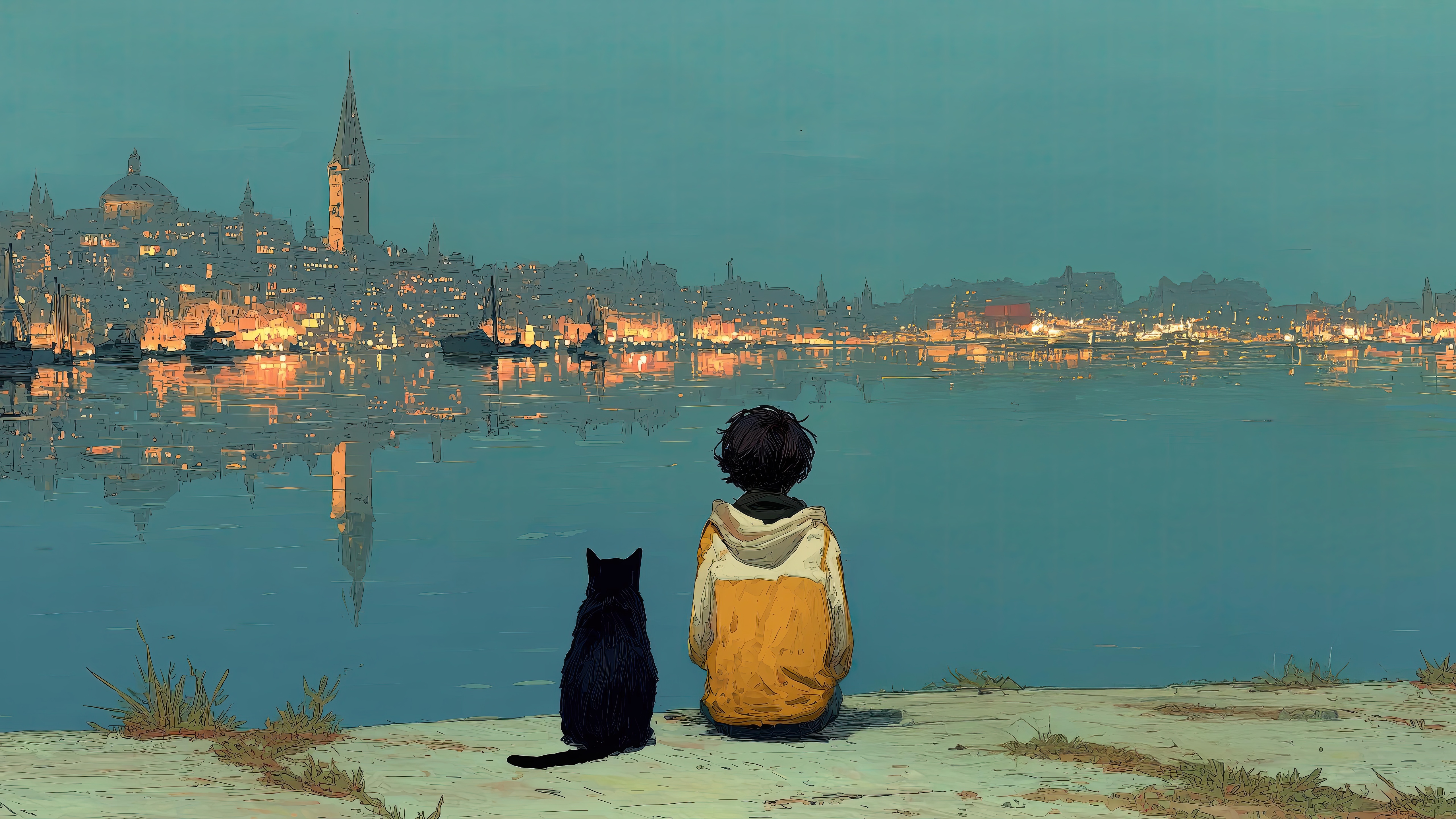 Boy and cat watch city lights at dusk HD Wallpaper