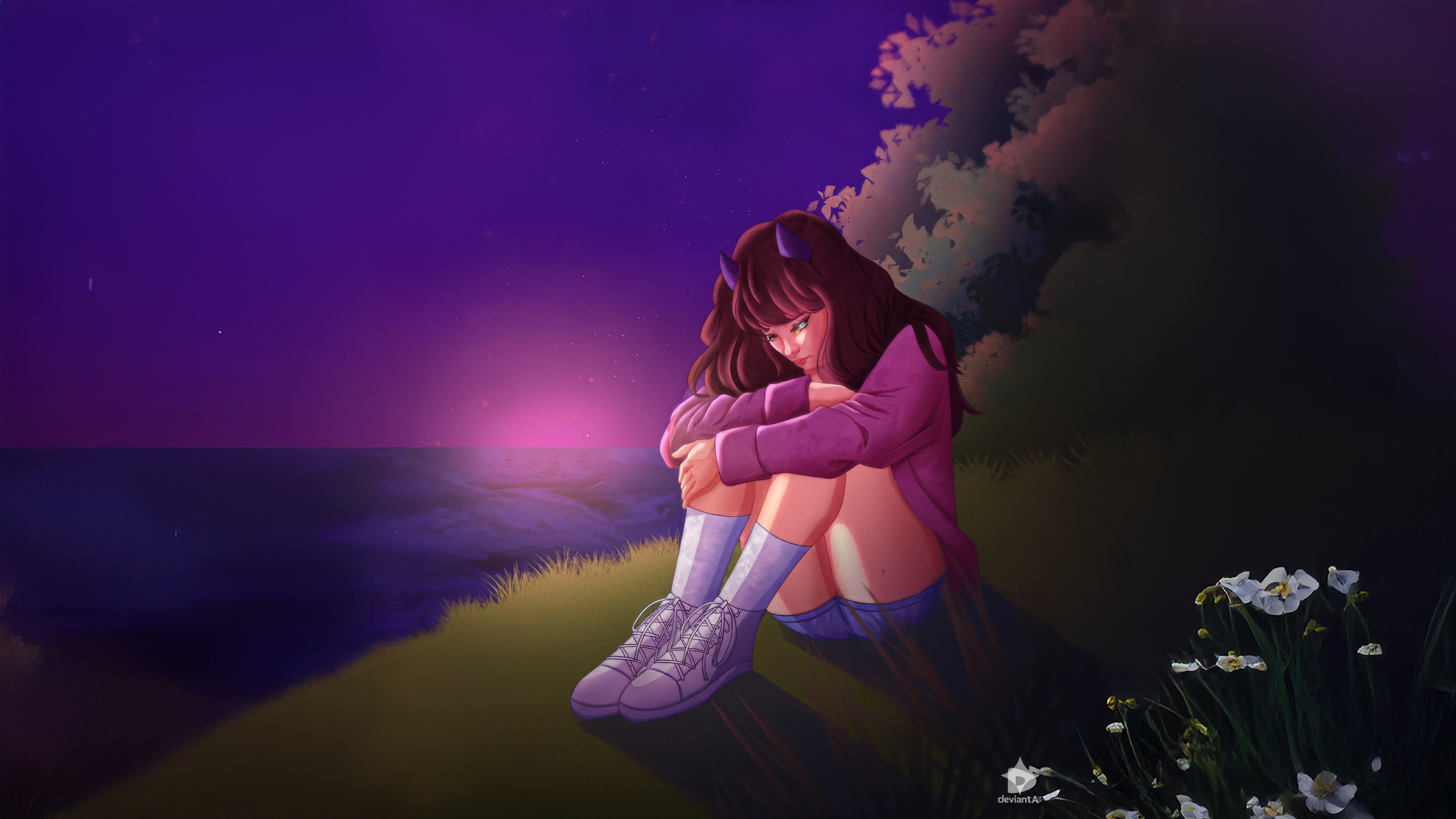 Sad girl with horns sitting by the water at sunset HD Wallpaper
