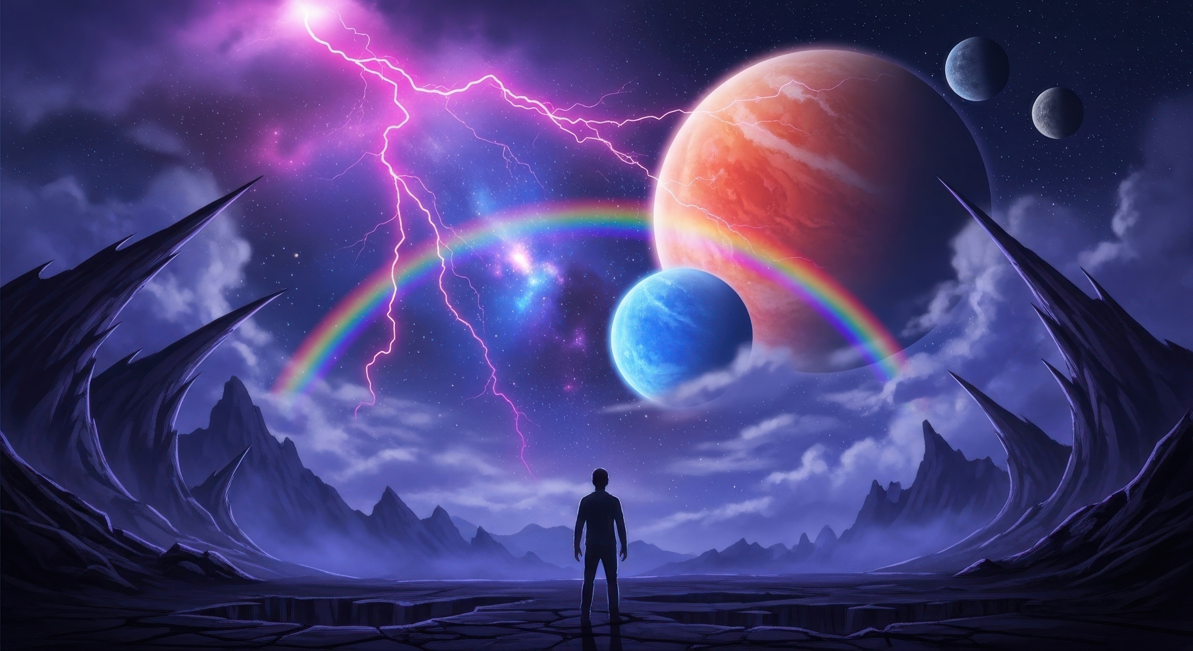 Man watches planets with lightning and rainbow HD Wallpaper