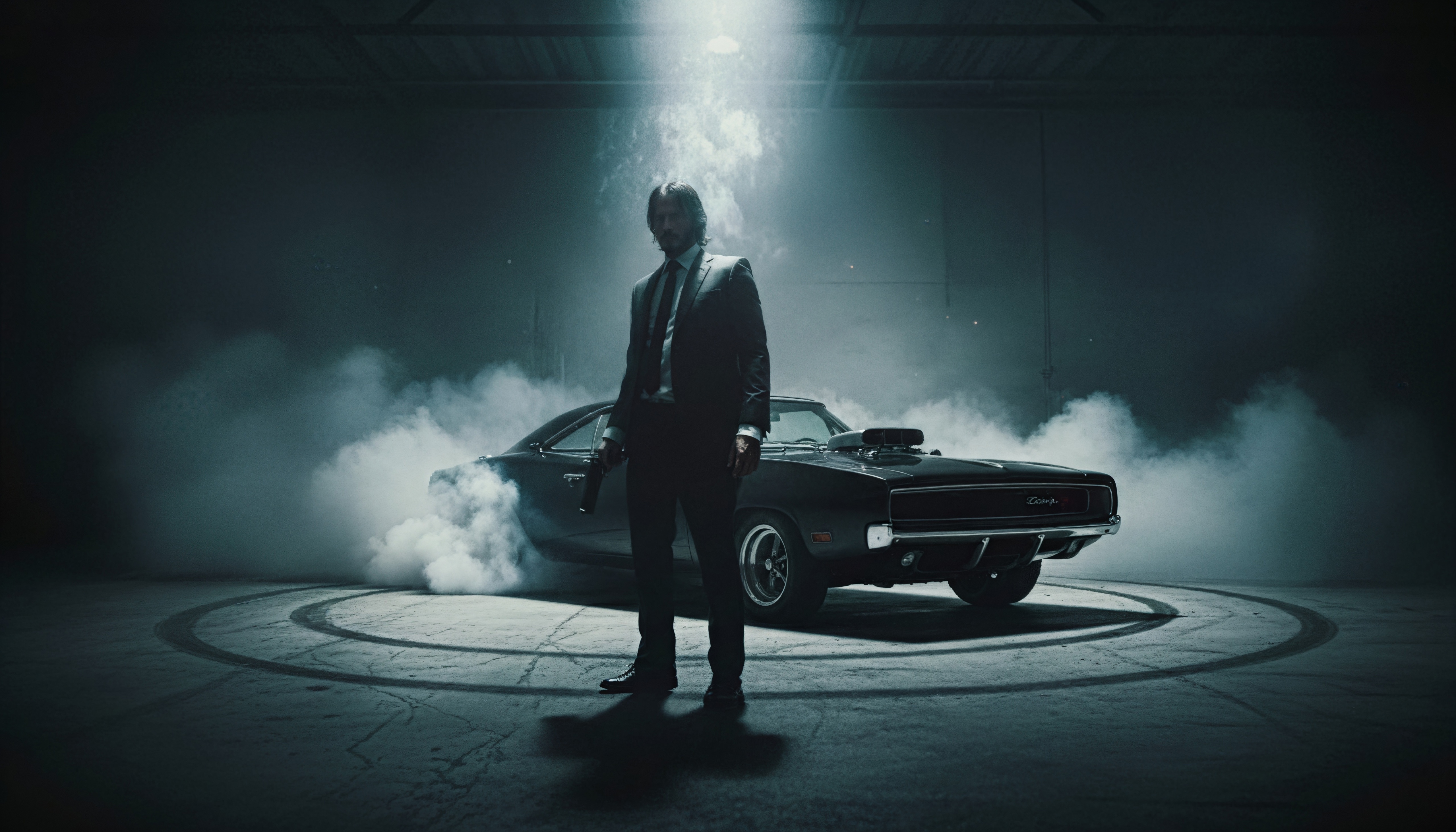 John Wick with a classic Dodge Charger HD Wallpaper