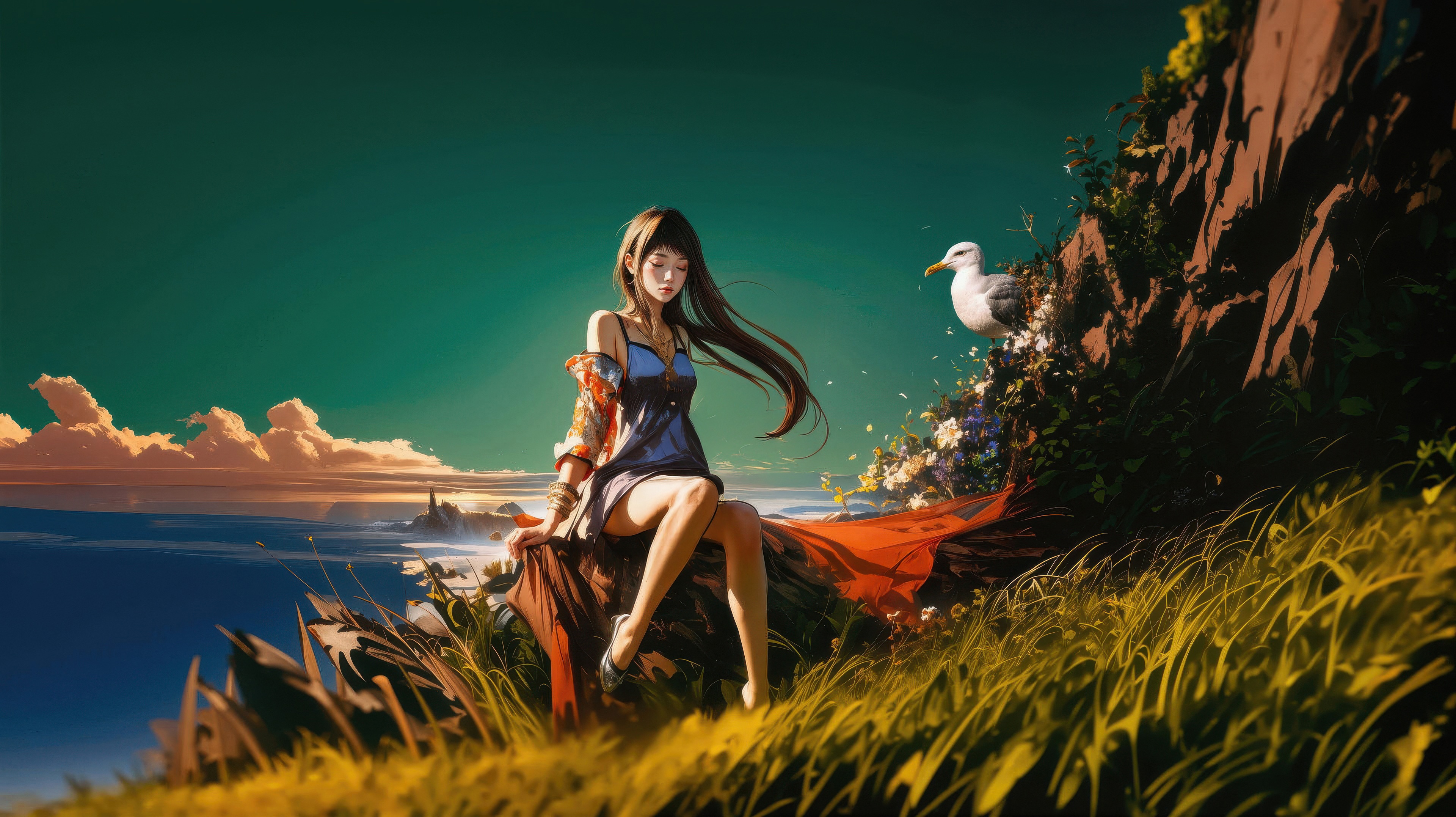 Anime girl sitting on a cliff overlooking the sea HD Wallpaper