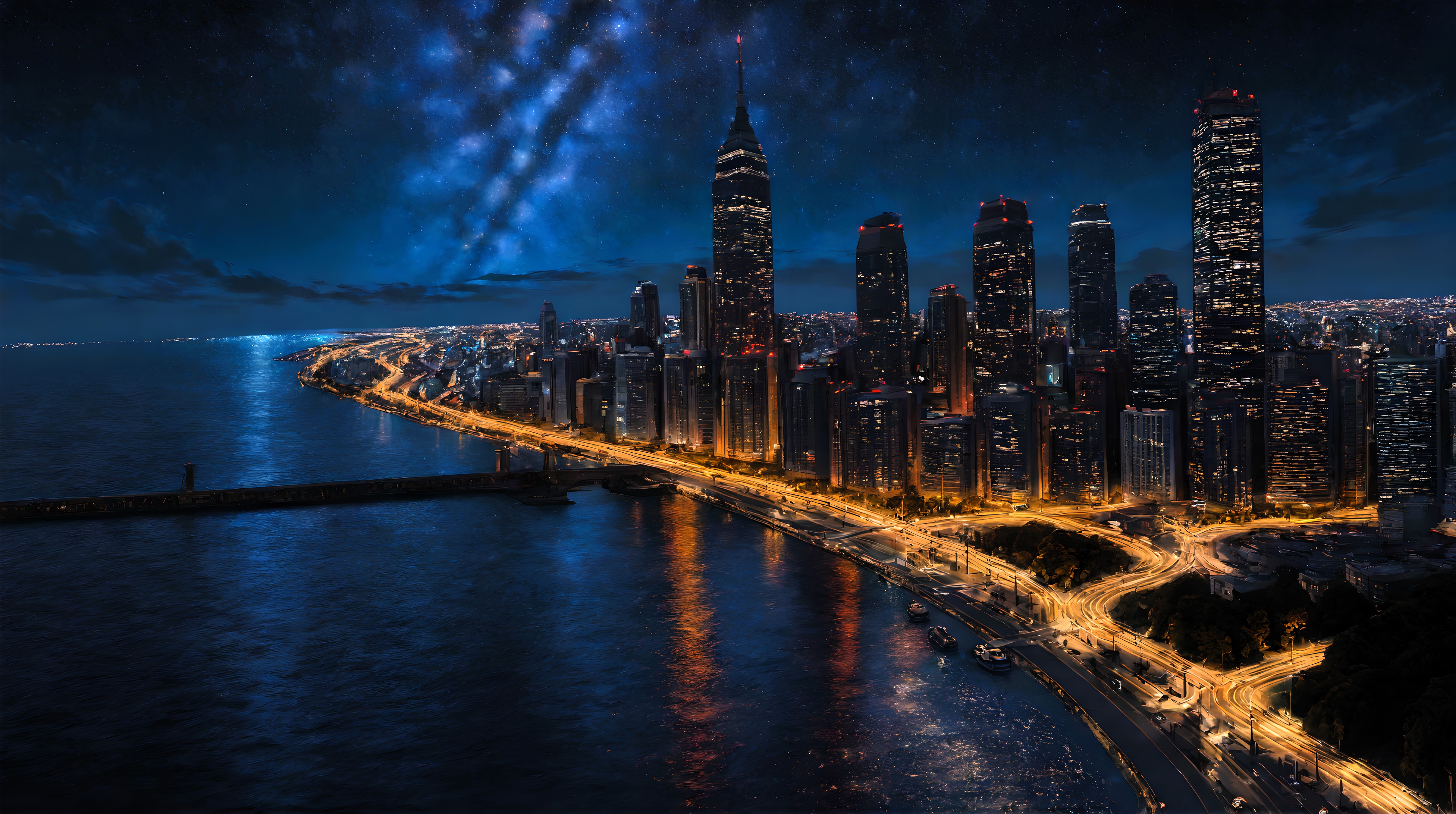Glowing Metropolis Under Starlit Sky HD Wallpaper