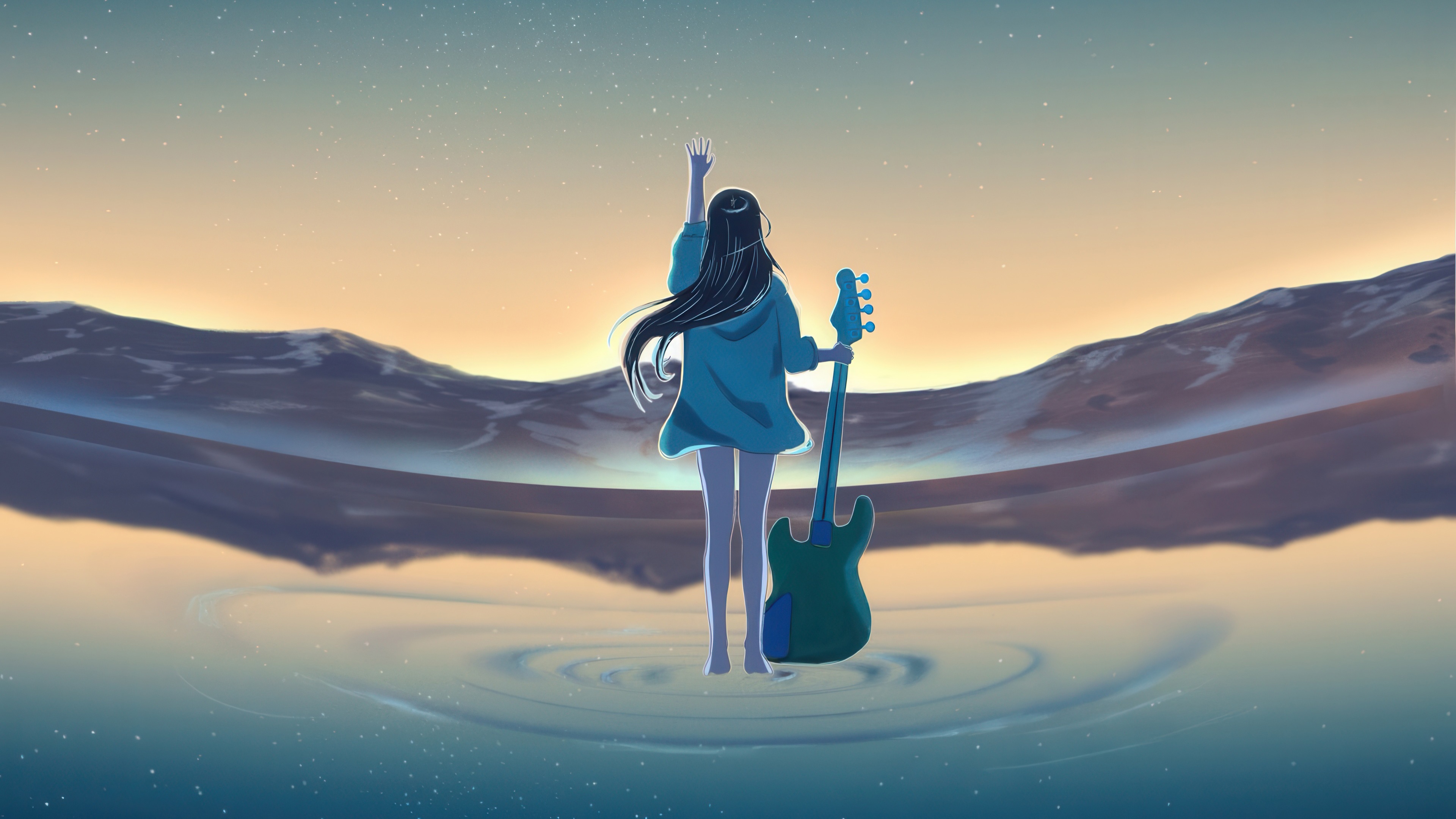 Girl with guitar at sunrise over water HD Wallpaper