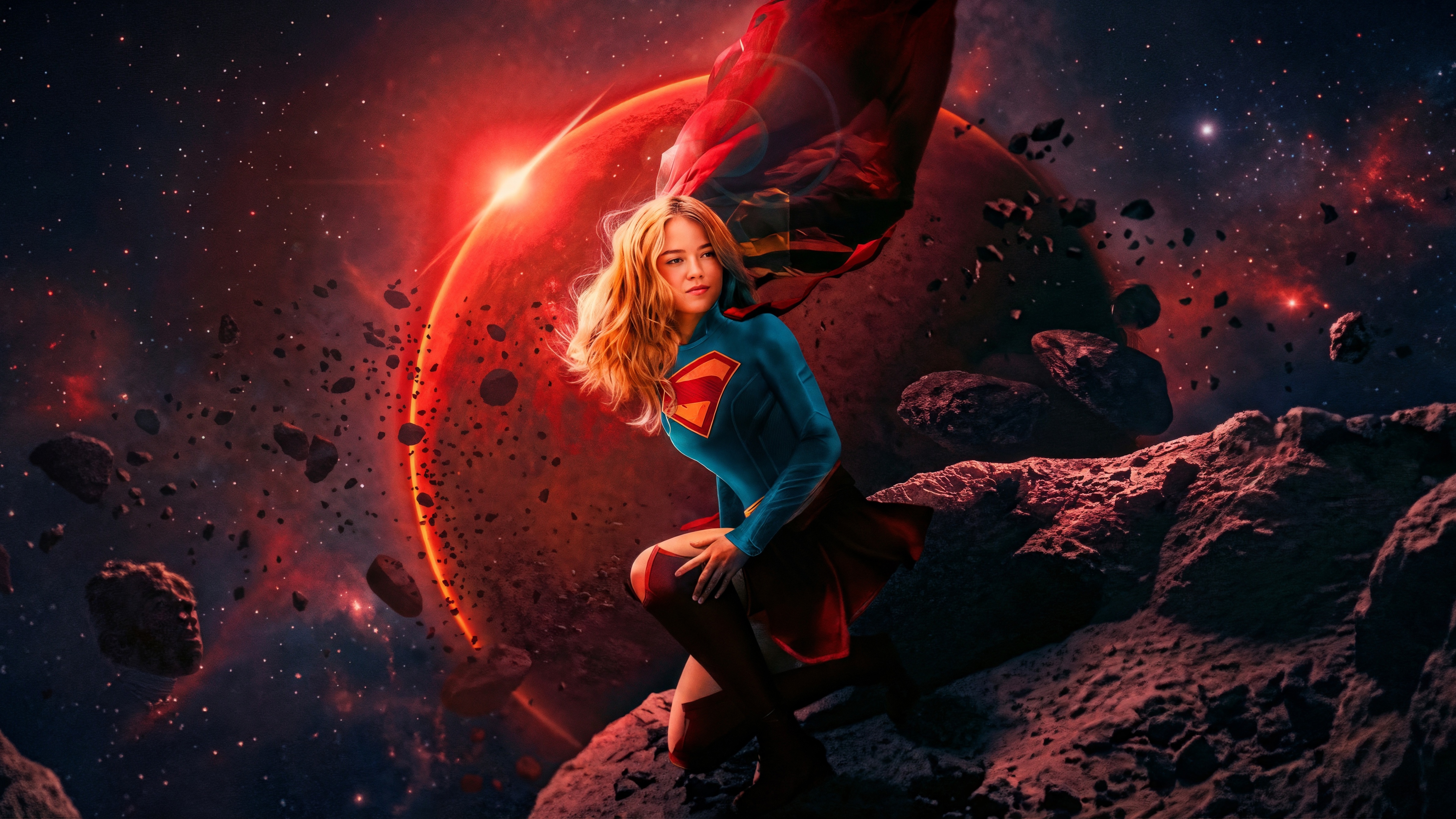 Supergirl in space with a red planet and asteroids HD Wallpaper