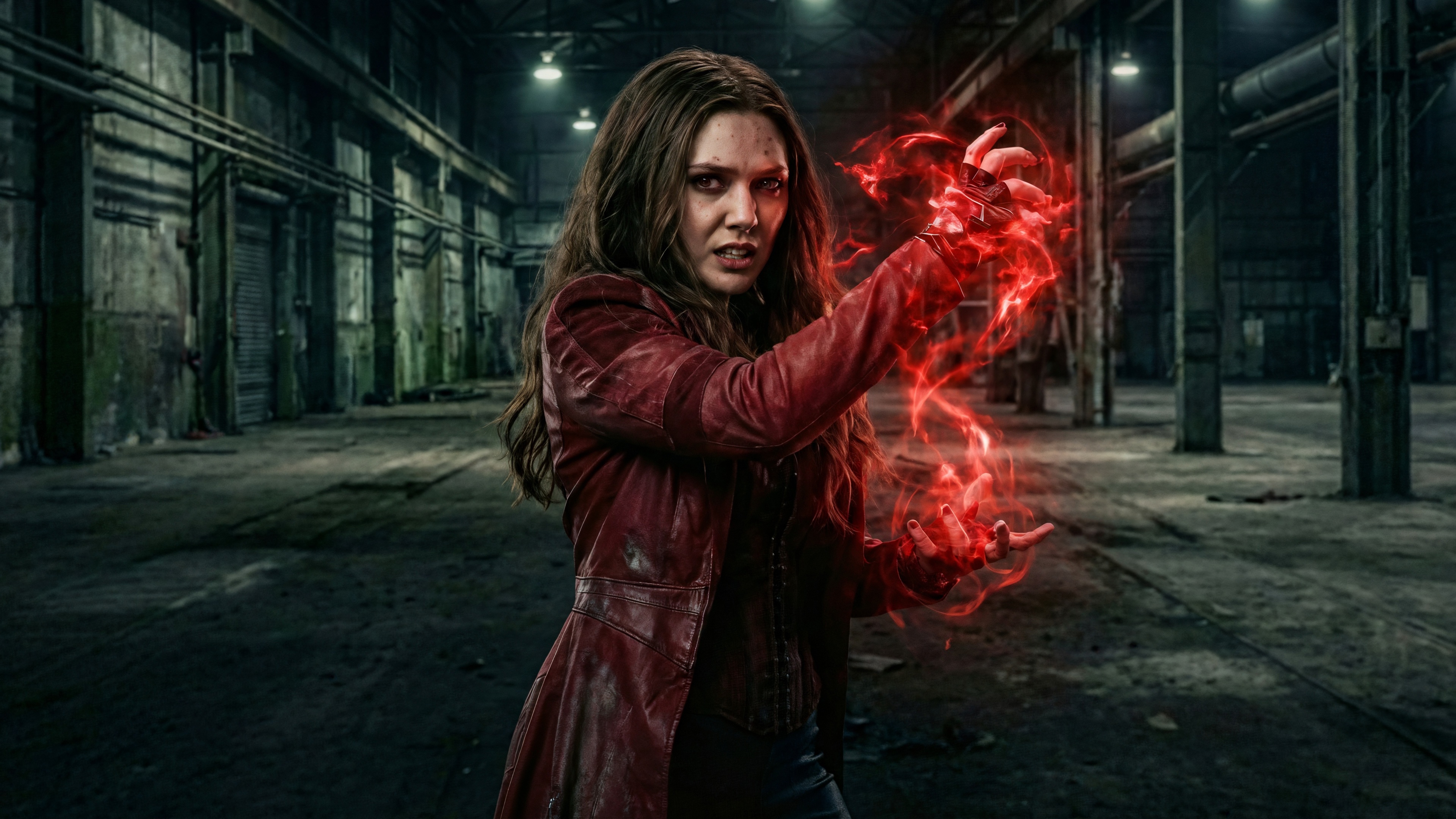 Scarlet Witch using her powers in a warehouse HD Wallpaper