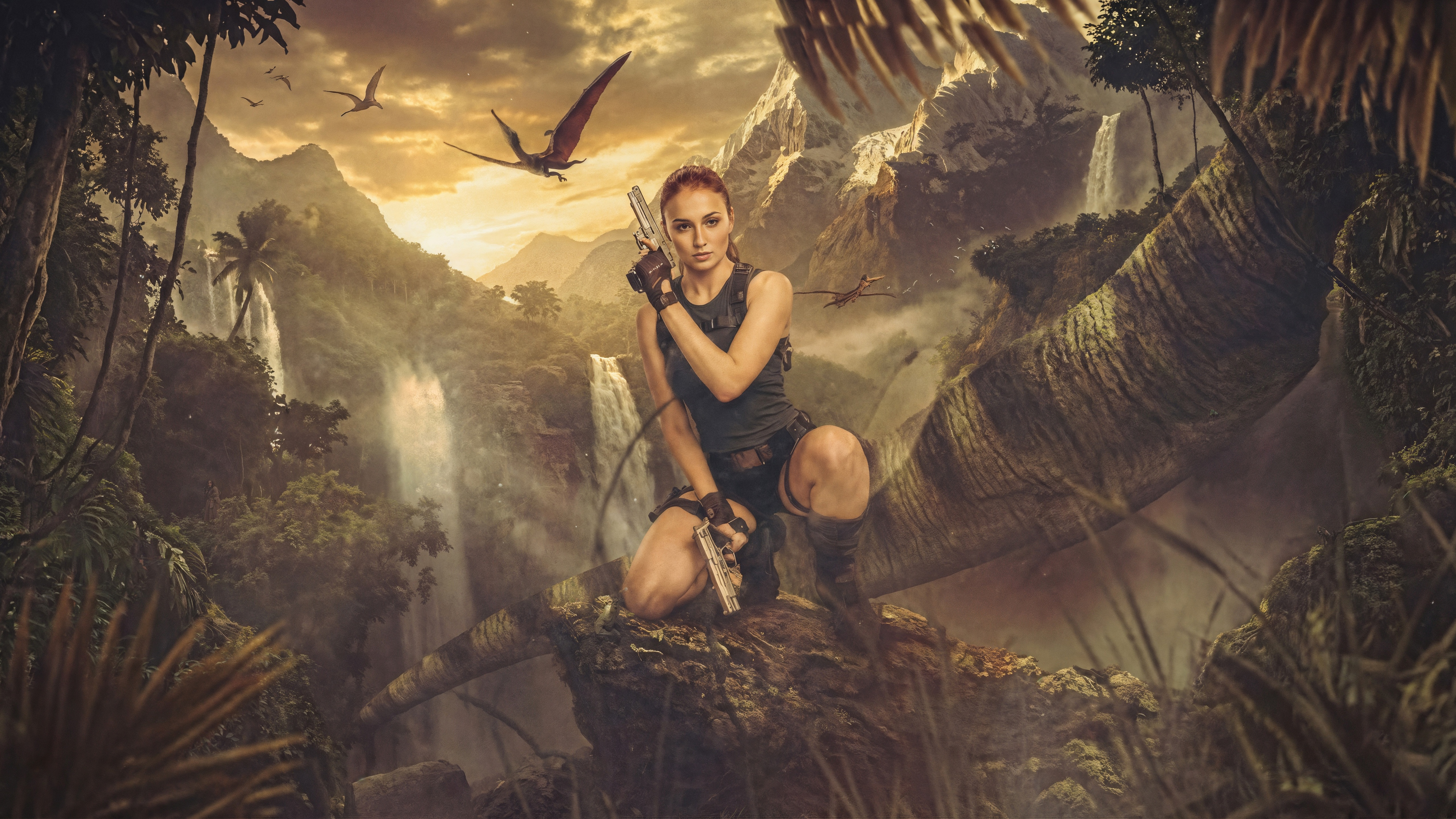 Sophie Turner as Lara Croft in a jungle HD Wallpaper