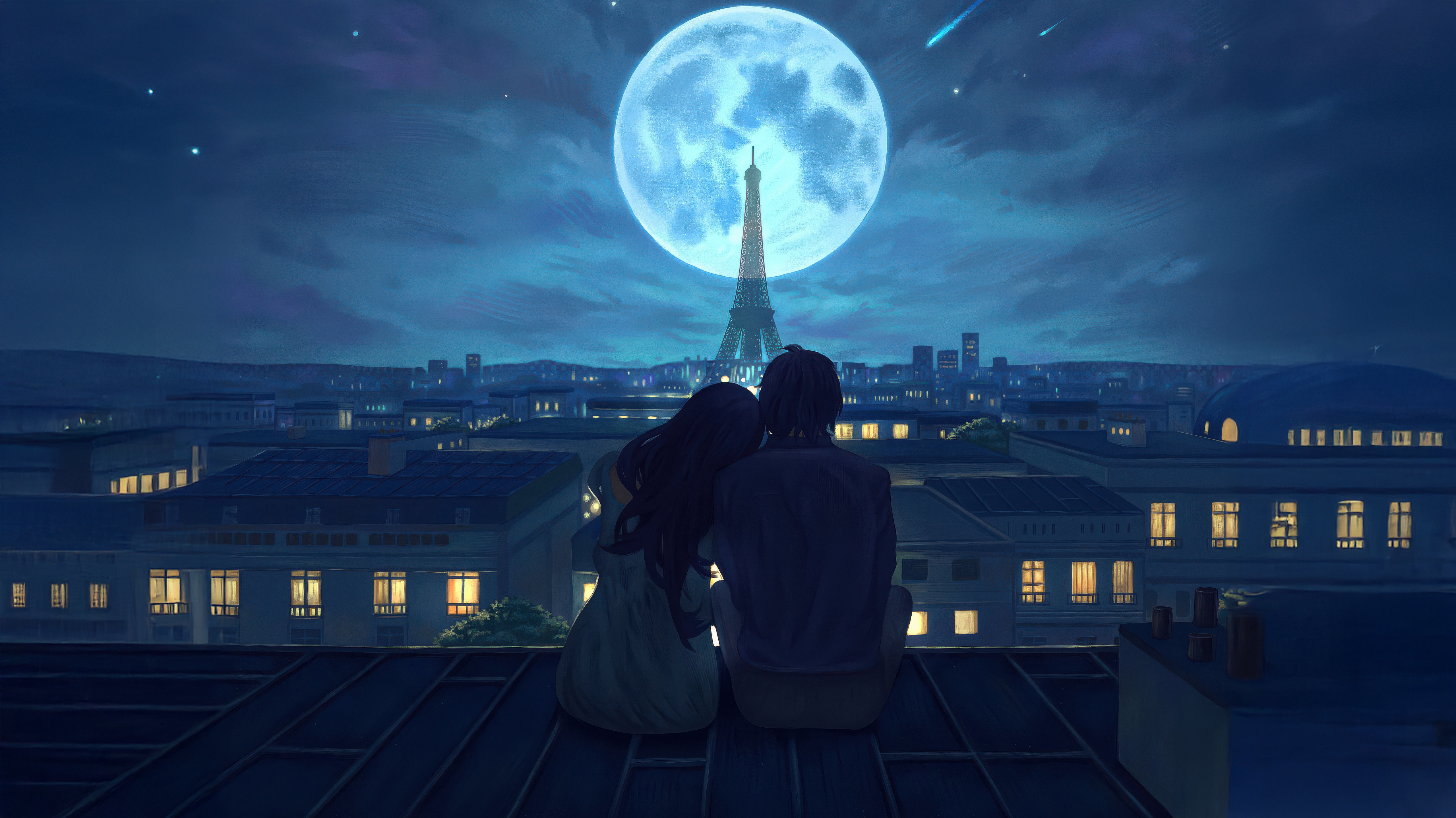 Couple watches the Eiffel Tower under a full moon HD Wallpaper